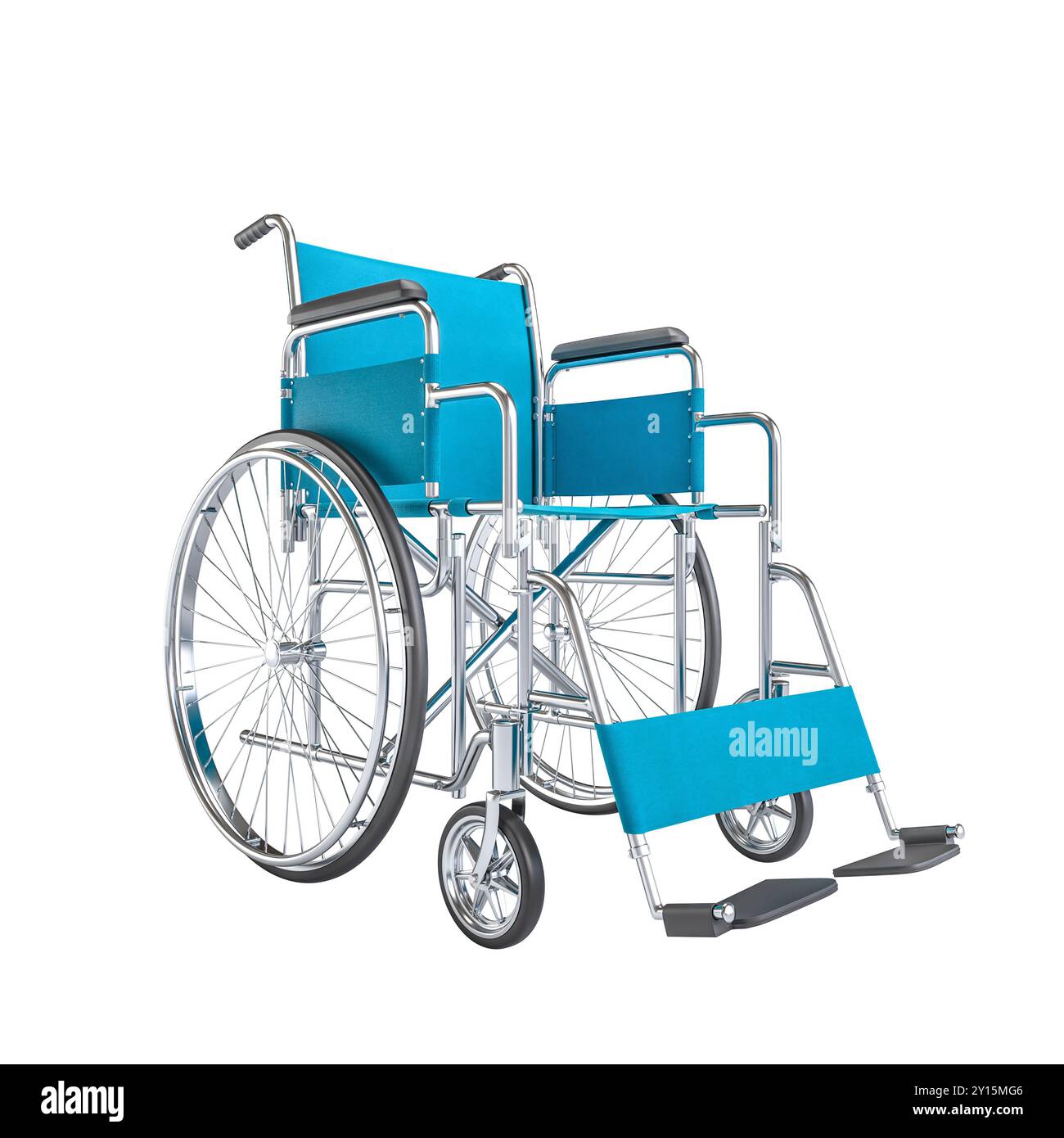 Leerer Rollstuhl mit blauem Sitz und Armlehnen auf transparentem Hintergrund 3D Stockfoto