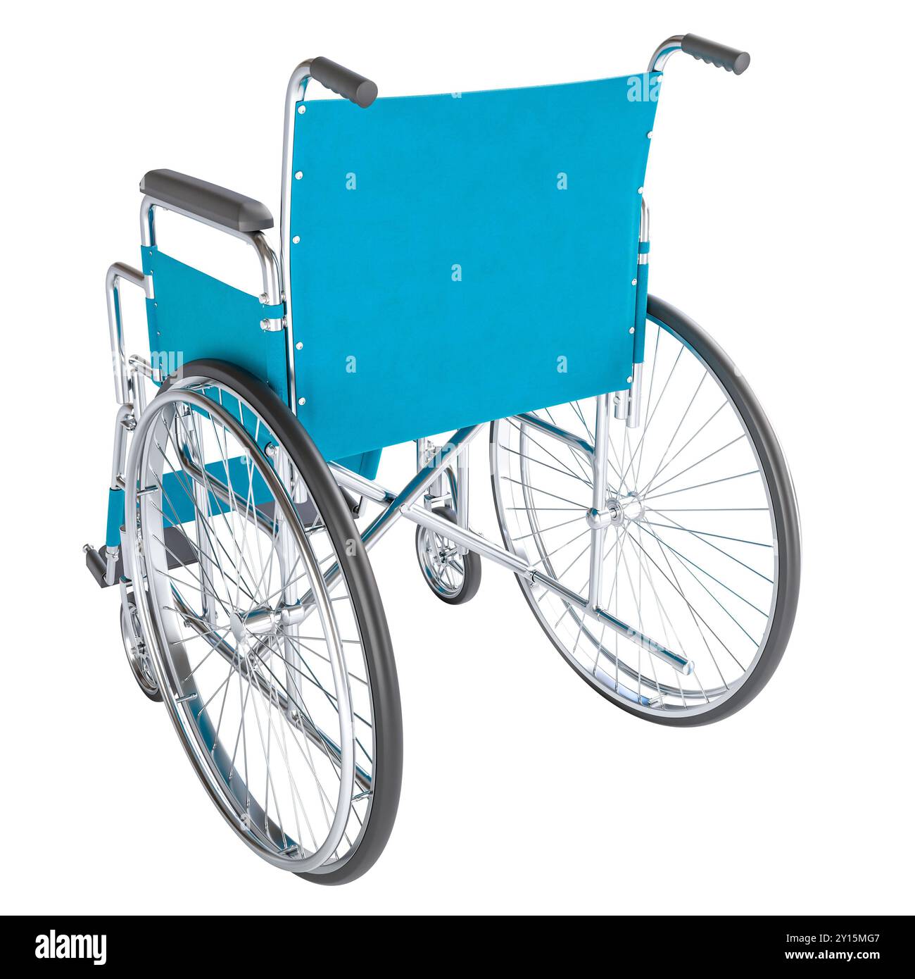 Leerer blauer Rollstuhl transparenter Hintergrund Gesundheitskonzept. 3D-Rendering Stockfoto