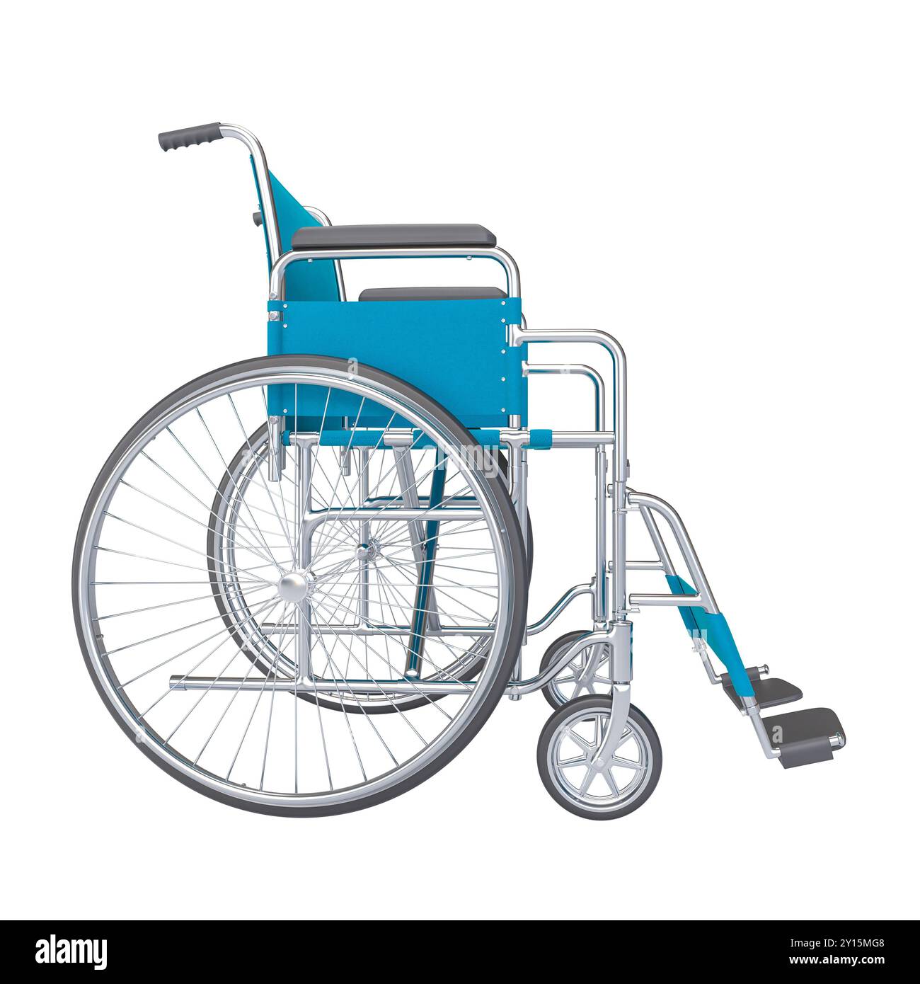 Blauer Rollstuhl isoliert transparenter Hintergrund 3D-Rendering Stockfoto