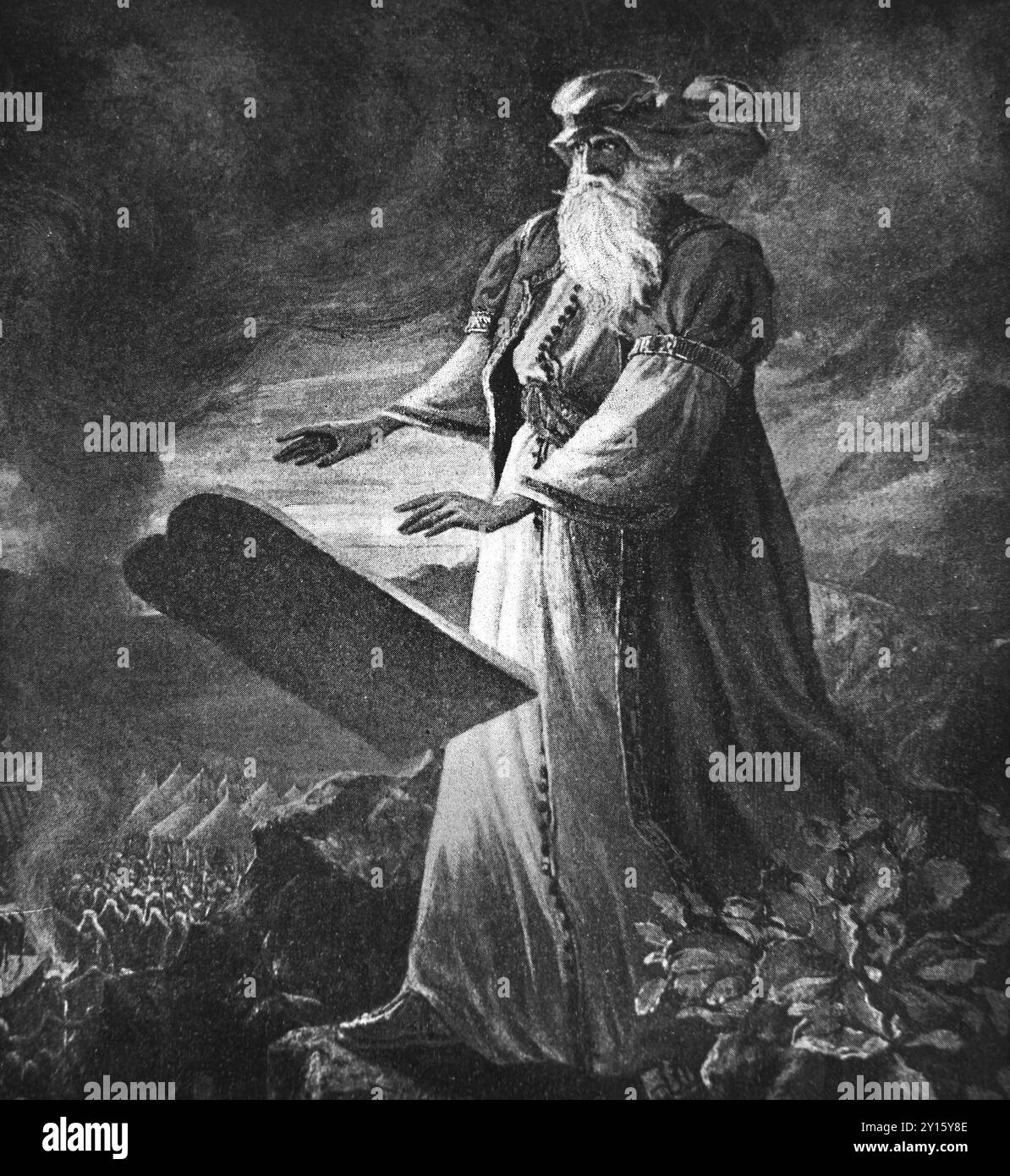 Abbildung: Moses bricht die Gesetztafeln, nachdem er gesehen hat, wie die Kinder Israels das Goldene Kalb (Exodus) aus Reli aus dem 19. Jahrhundert anbeteten Stockfoto