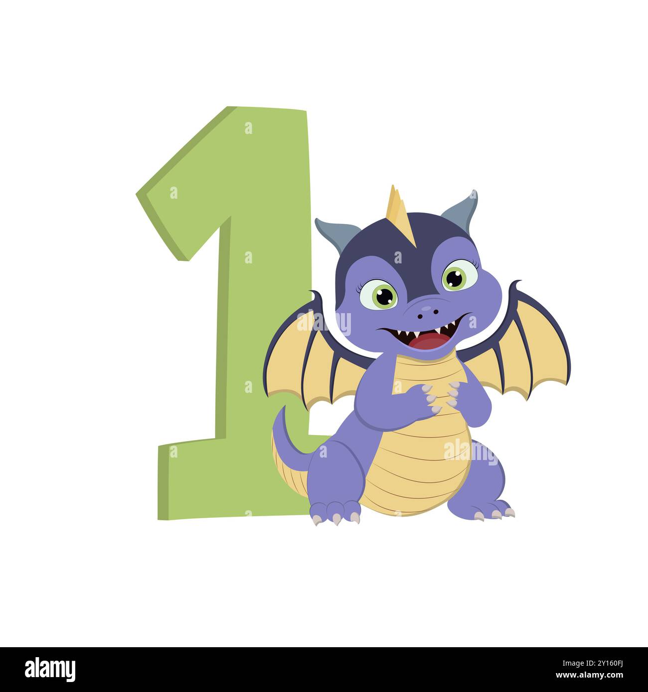 Niedlicher Zeichentrickdrache mit Nummer 1 zum Geburtstag Stockfoto