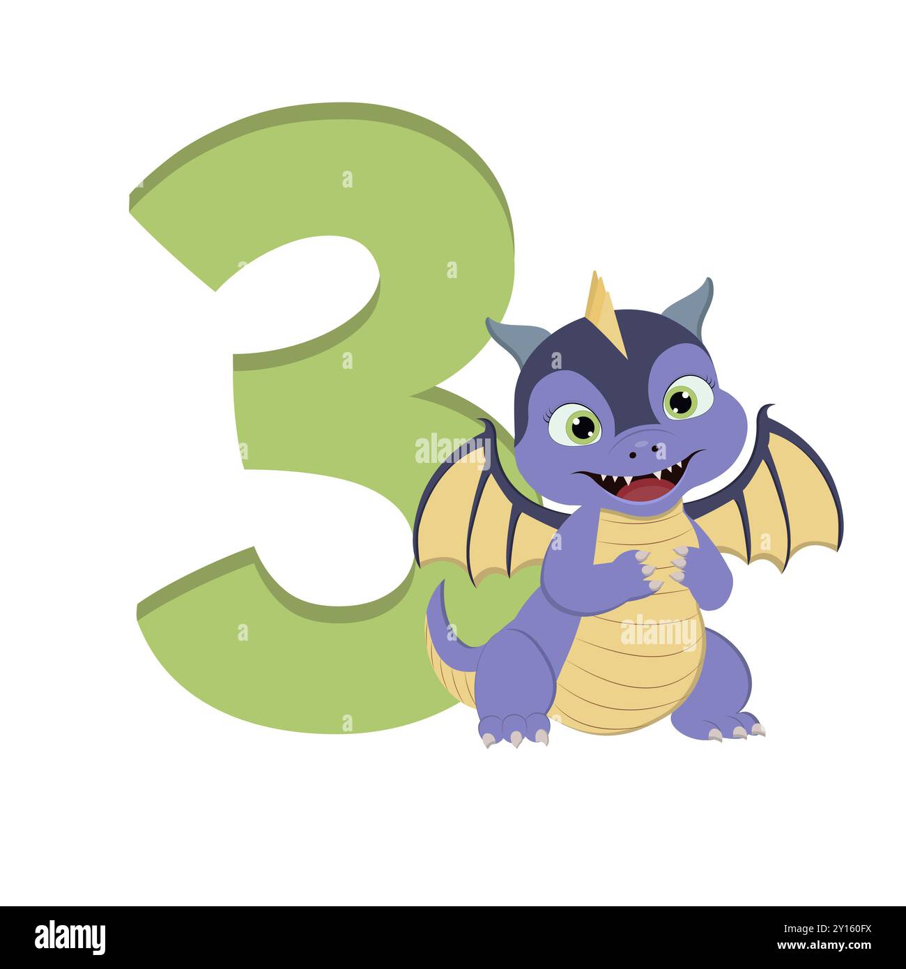 Niedlicher Zeichentrickdrache mit Nummer 3 zum Geburtstag Stockfoto