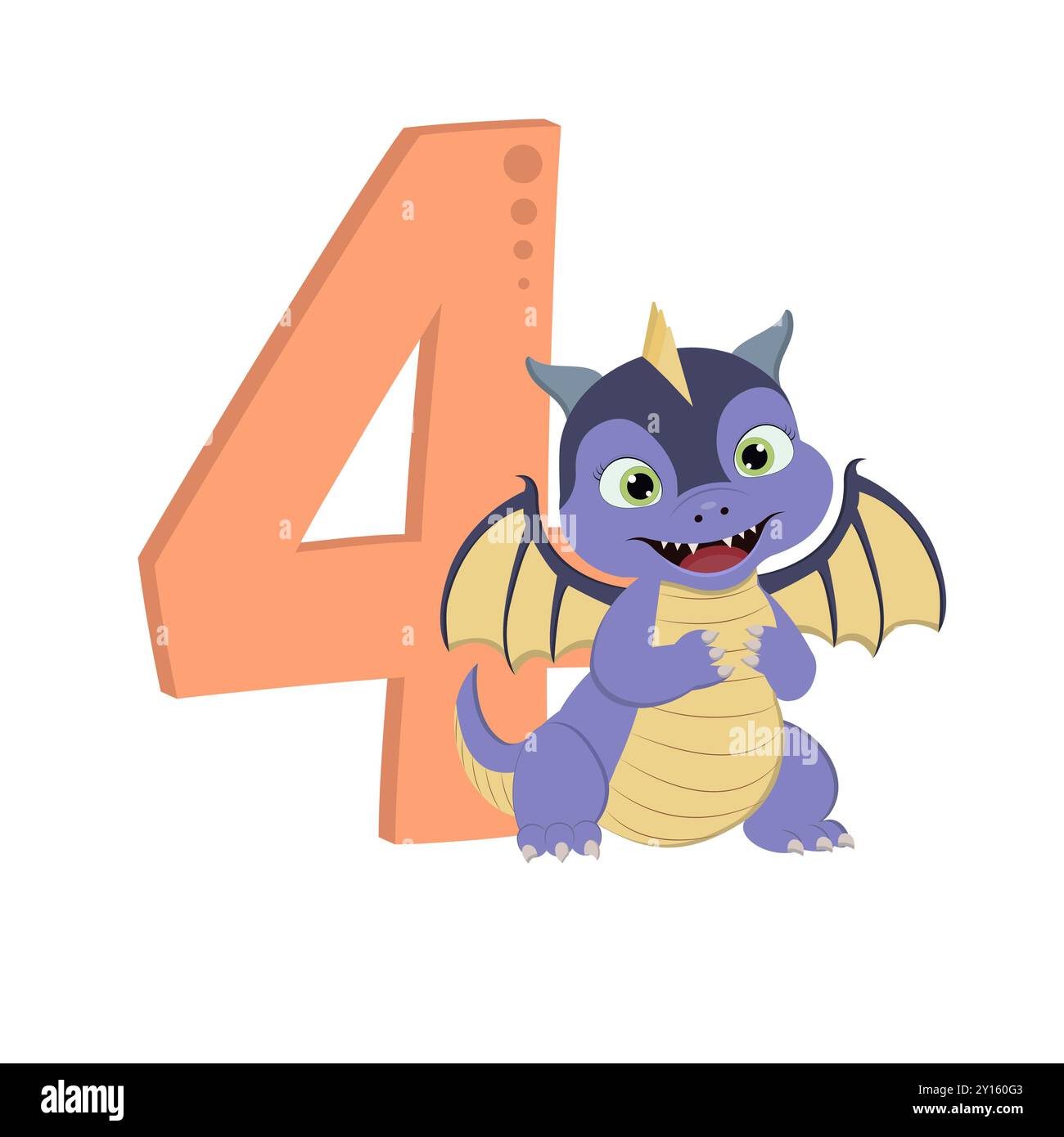 Niedlicher Zeichentrickdrache mit Nummer 4 zum Geburtstag Stockfoto