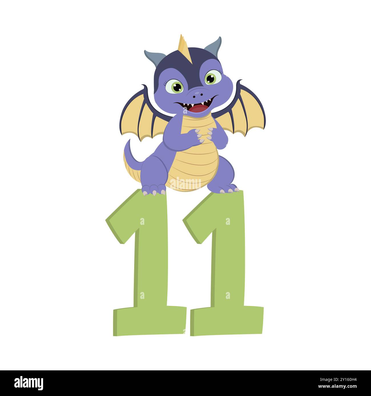 Süßer Zeichentrickdrache mit Nummer 11 zum Geburtstag Stockfoto
