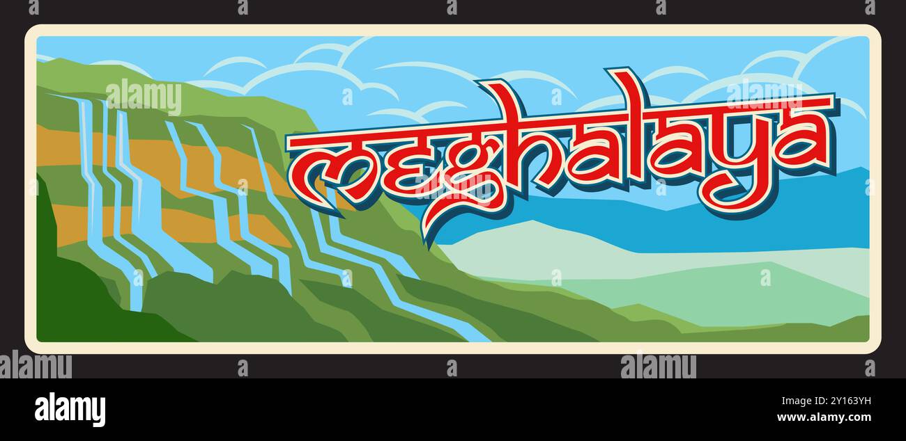 Meghalaya Indian State Retro-Reiseplatte, Vintage-Plakette oder -Banner. Vektor-Reiseziel-Schild, Indiens Wahrzeichen. Retro-Board, touristisches Schild mit Wasserfall in den Bergen, Landschaft Stock Vektor