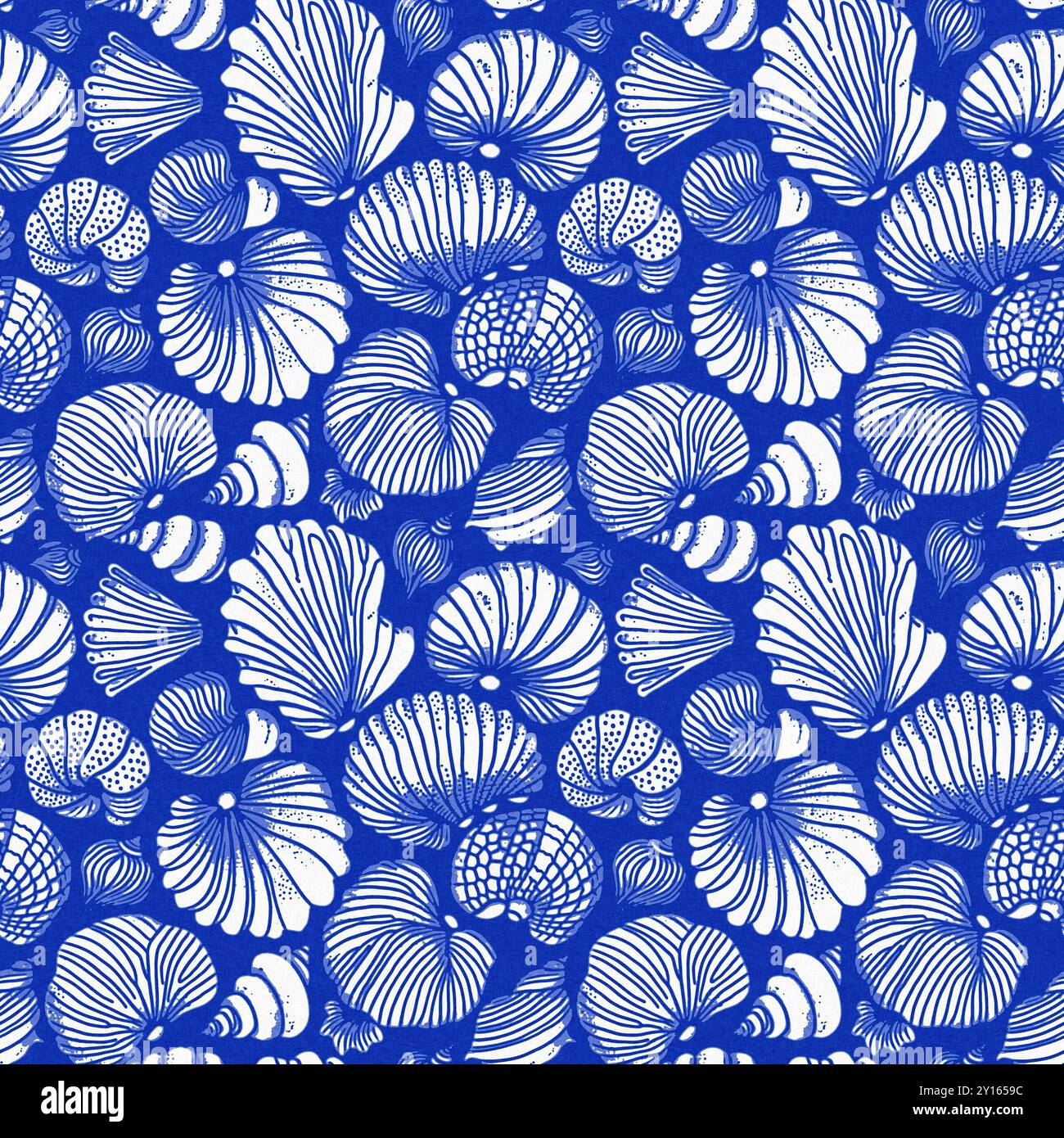 Modernes Cottage am Strand im rustikalen Muschelblock-Muster im Stil des Sealife Beach. Azurblaues weißes Muschelmotiv mit Leinennägeln Stockfoto