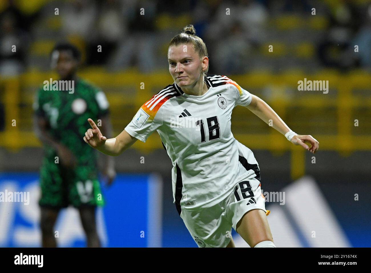 Estadio Metropolitano de Techo Sarah Ernst aus Deutschland feiert ihr Tor während des Spiels zwischen Deutschland und Nigeria, für die zweite Runde der Gruppe D der FIFA U-20-Frauen-Weltmeisterschaft Kolumbien 2024, im Estadio Metropolitano de Techo, diesen Mittwoch 04. 30761 (Julian Medina/SPP) Stockfoto