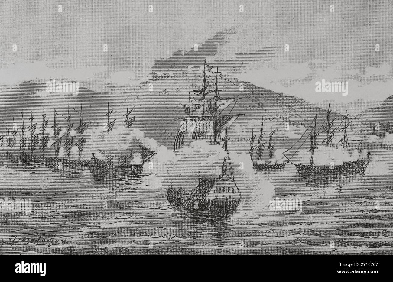 Neunjähriger Krieg oder Krieg der Großen Allianz (1688–1697). Großmachtkonflikt, der Frankreich gegen die Liga von Augsburg gegenüberstand. Das französische Geschwader bombardierte am 11. Und 12. Juli 1691 die Stadt Barcelona. Bombardierung von Barcelona durch die französische Geschwader. Illustration von Serra Pausas. „Glorias Españolas“ (Glorias von Spanien). Band IV. Veröffentlicht in Barcelona, 1890. Autor: Joan Serra Pausas (aktiv 1861-1902). Spanischer Künstler. Stockfoto