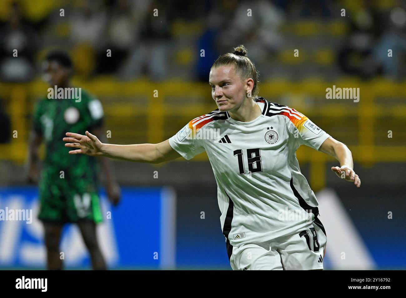 Estadio Metropolitano de Techo Sarah Ernst aus Deutschland feiert ihr Tor während des Spiels zwischen Deutschland und Nigeria, für die zweite Runde der Gruppe D der FIFA U-20-Frauen-Weltmeisterschaft Kolumbien 2024, im Estadio Metropolitano de Techo, diesen Mittwoch 04. 30761 (Julian Medina/SPP) Stockfoto