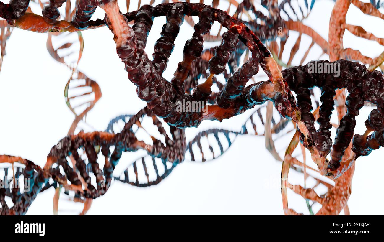Genetische DNA-Störung und -Beschädigung, Mutation oder Strahlenwirkung, maligne molekulare Krebsstruktur, menschliches Genomcode-Abbaumolekül, biochemisch Stockfoto Genetische DNA-Störung und -Beschädigung, Mutation oder Strahlenwirkung, maligne molekulare Krebsstruktur, menschliches Genomcode-Abbaumolekül, biochemisch Stockfoto