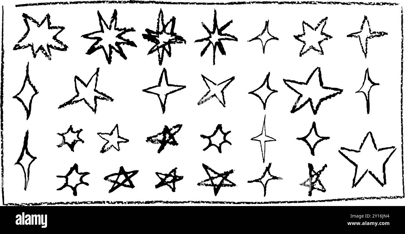 Lustig wie ein Kind, das schwarze Sterne zeichnet. Sammlung von geometrischen Elementen der Wachsbleistiftstruktur. Nachthimmel-Symbole kritzeln, kritzeln. Schnurrt rein Stock Vektor