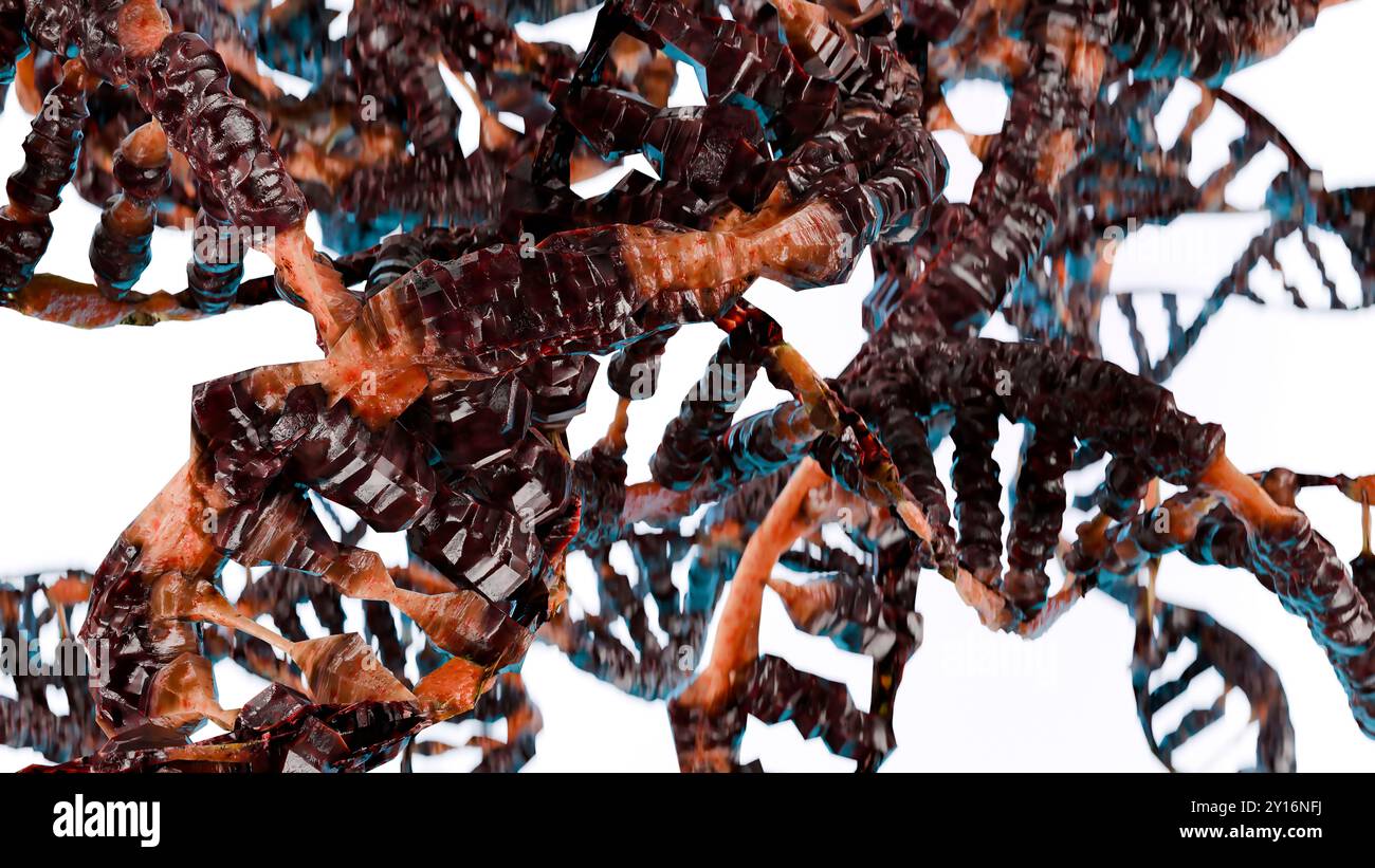 Genetische DNA-Störung und -Beschädigung, Mutation oder Strahlenwirkung, maligne molekulare Krebsstruktur, menschliches Genomcode-Abbaumolekül, biochemisch Stockfoto Genetische DNA-Störung und -Beschädigung, Mutation oder Strahlenwirkung, maligne molekulare Krebsstruktur, menschliches Genomcode-Abbaumolekül, biochemisch Stockfoto