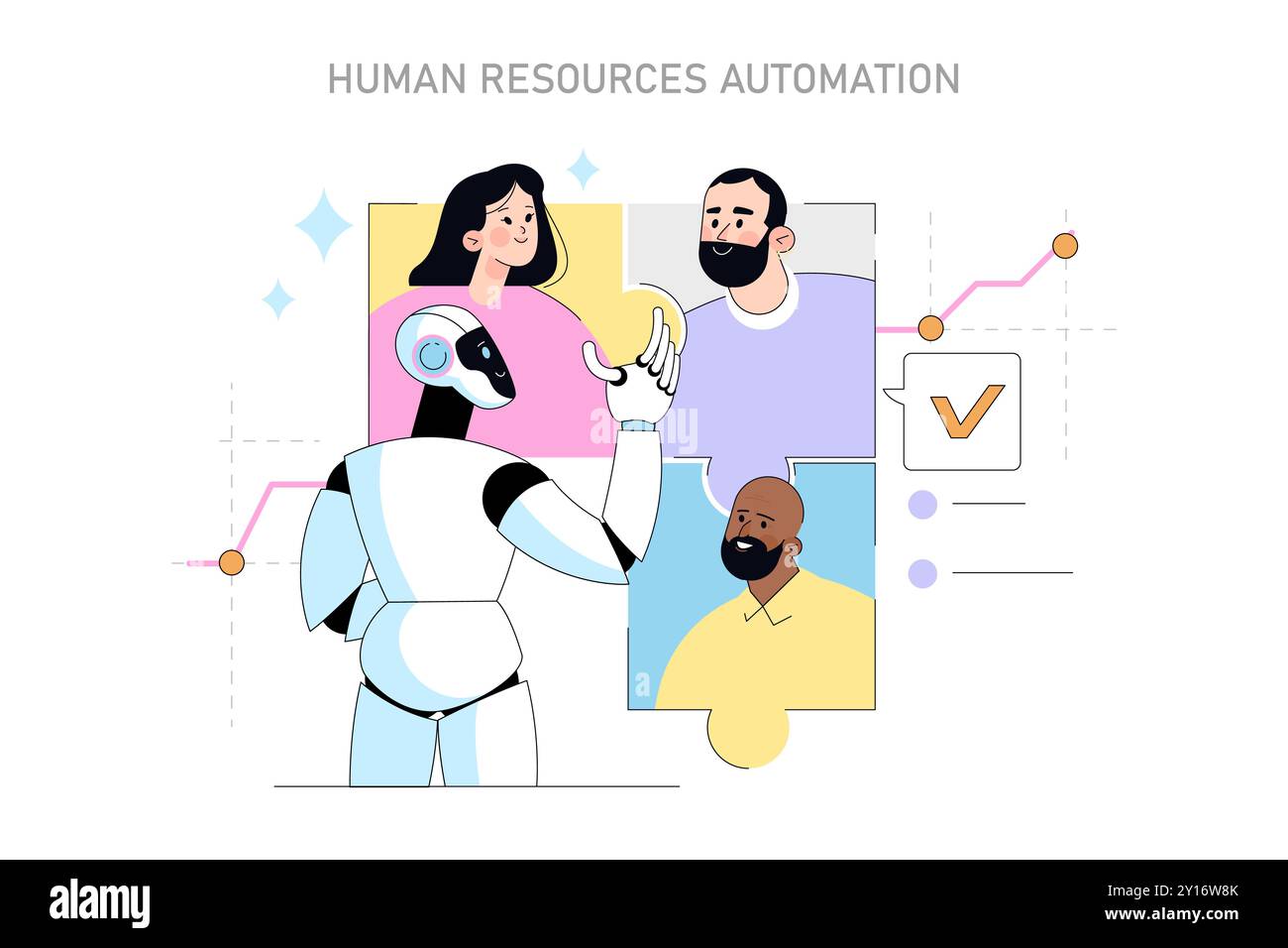 Künstliche Intelligenz im Unternehmenskonzept. Der Roboter lässt sich für ein effizientes Personalmanagement in menschliche Mitarbeiter integrieren. Innovative Zusammenarbeit der Mitarbeiter. Vektorabbildung. Stock Vektor