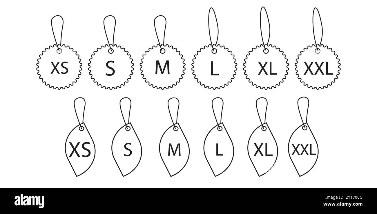 Set mit Symbolen für die Bekleidungsgröße für das Stoffdesign. GRÖSSEN: XS, S, M, L, XL, XXL. Große Kleidergröße. Stock Vektor