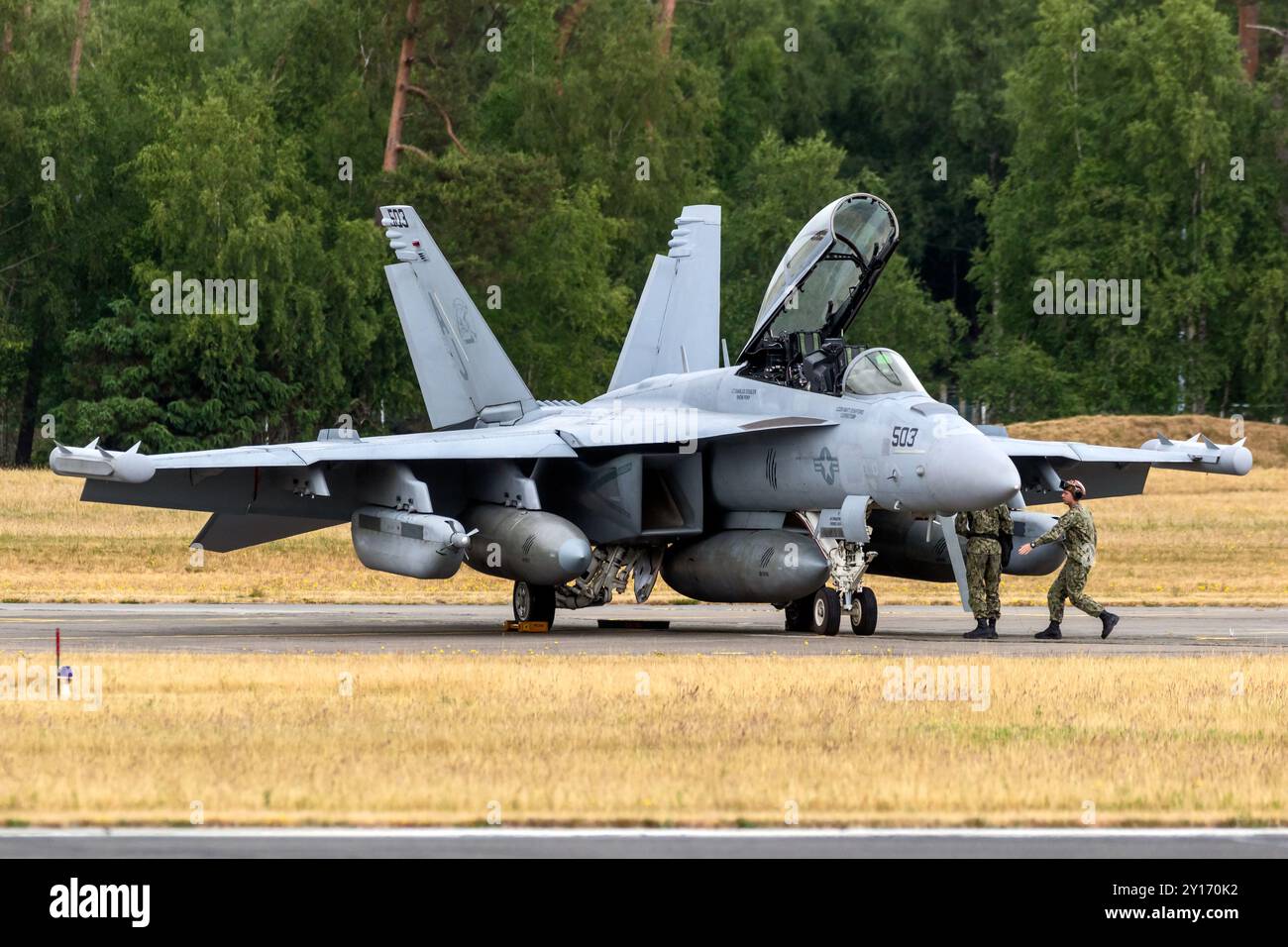 US Navy Boeing EA-18G Growler elektronischer Kriegsflugjet von VAQ-142 auf der Hohn Air Base während der NATO-Übung Air Defender 23. Hohn, Deutschland - 15. Juni 2023 Stockfoto