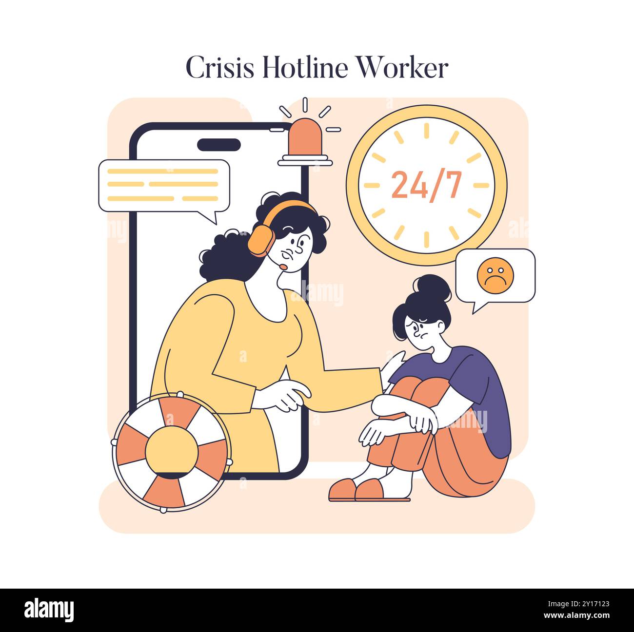 Suizidpräventionskonzept. Abbildung eines Mitarbeiters der Krisenhotline, der einer bedürftigen Person hilft, als Symbol für Unterstützung und Pflege. Rund um die Uhr verfügbare Hilfe. Vektorabbildung. Stock Vektor