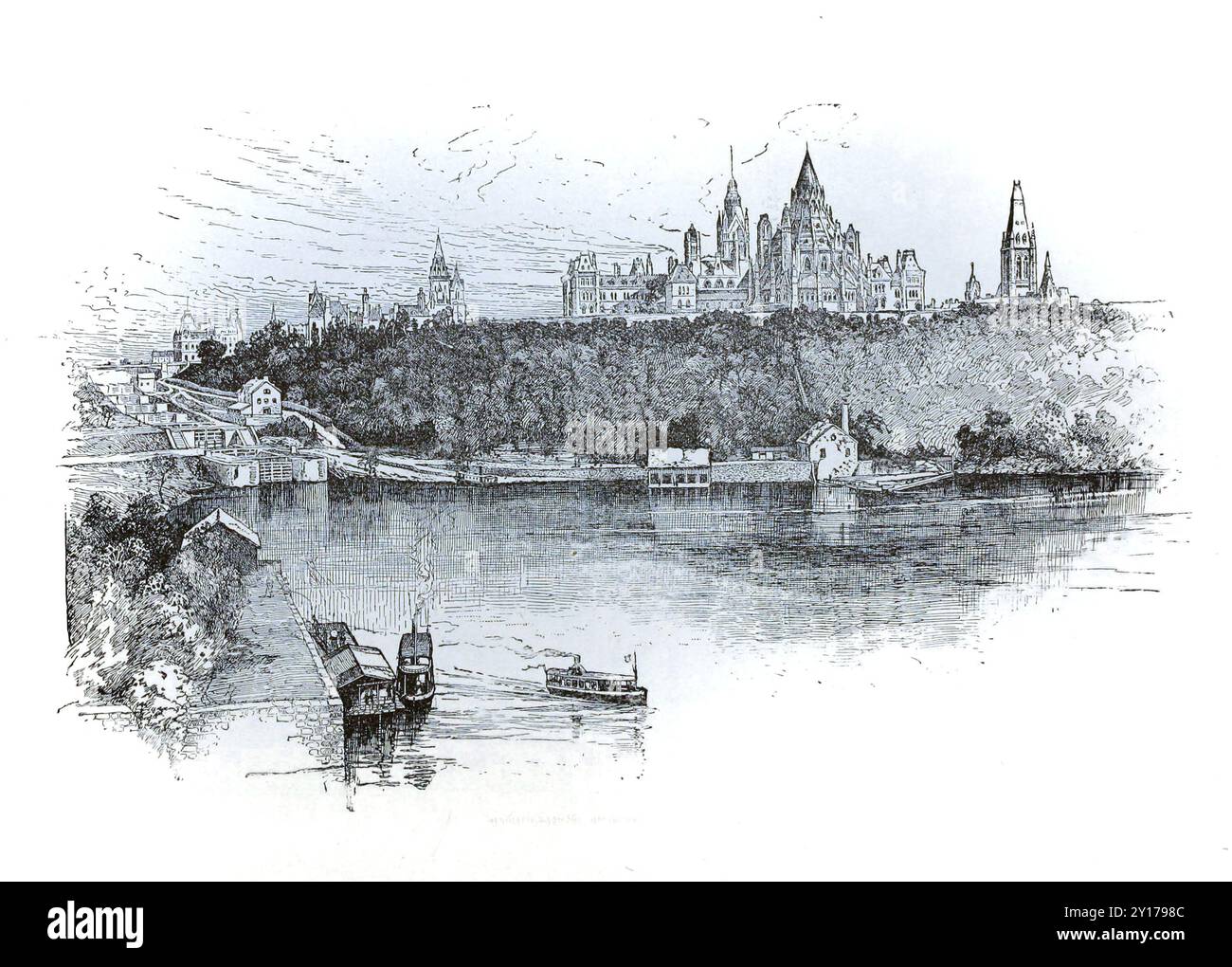 Ottawa Parliament vom Ottawa River aus gesehen. Kanadische Vintage-Gravur veröffentlicht von CP. 1890er Jahre Stockfoto