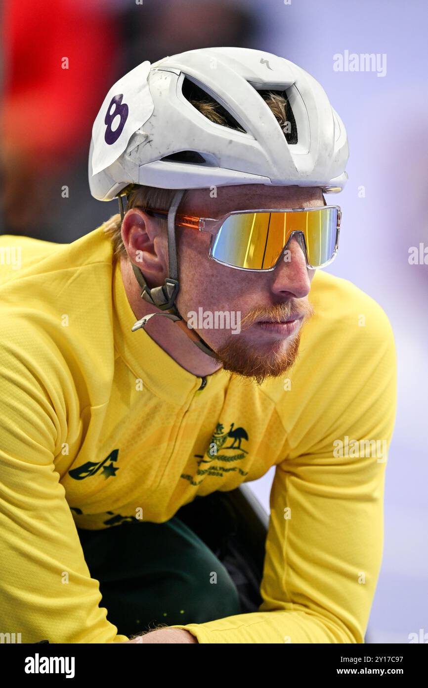 Luke Bailey aus Australien trat am 5. September 2024 bei den Paralympischen Sommerspielen 2024 in Paris in der 800-m-T54-Runde der Männer an. Foto von Gary Mitchell Stockfoto