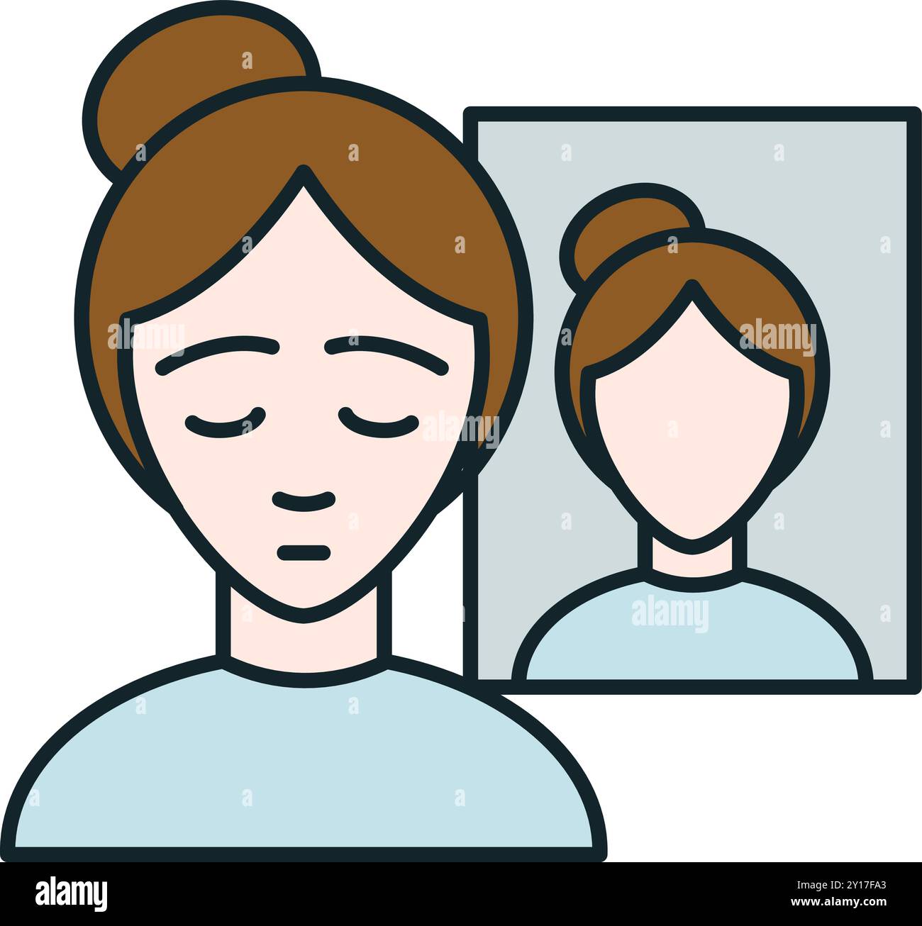 Junge Frau, die in den Spiegel blickt, mit geschlossenen Augen, die Selbstwahrnehmung repräsentieren, Psychologiekonzept Stock Vektor