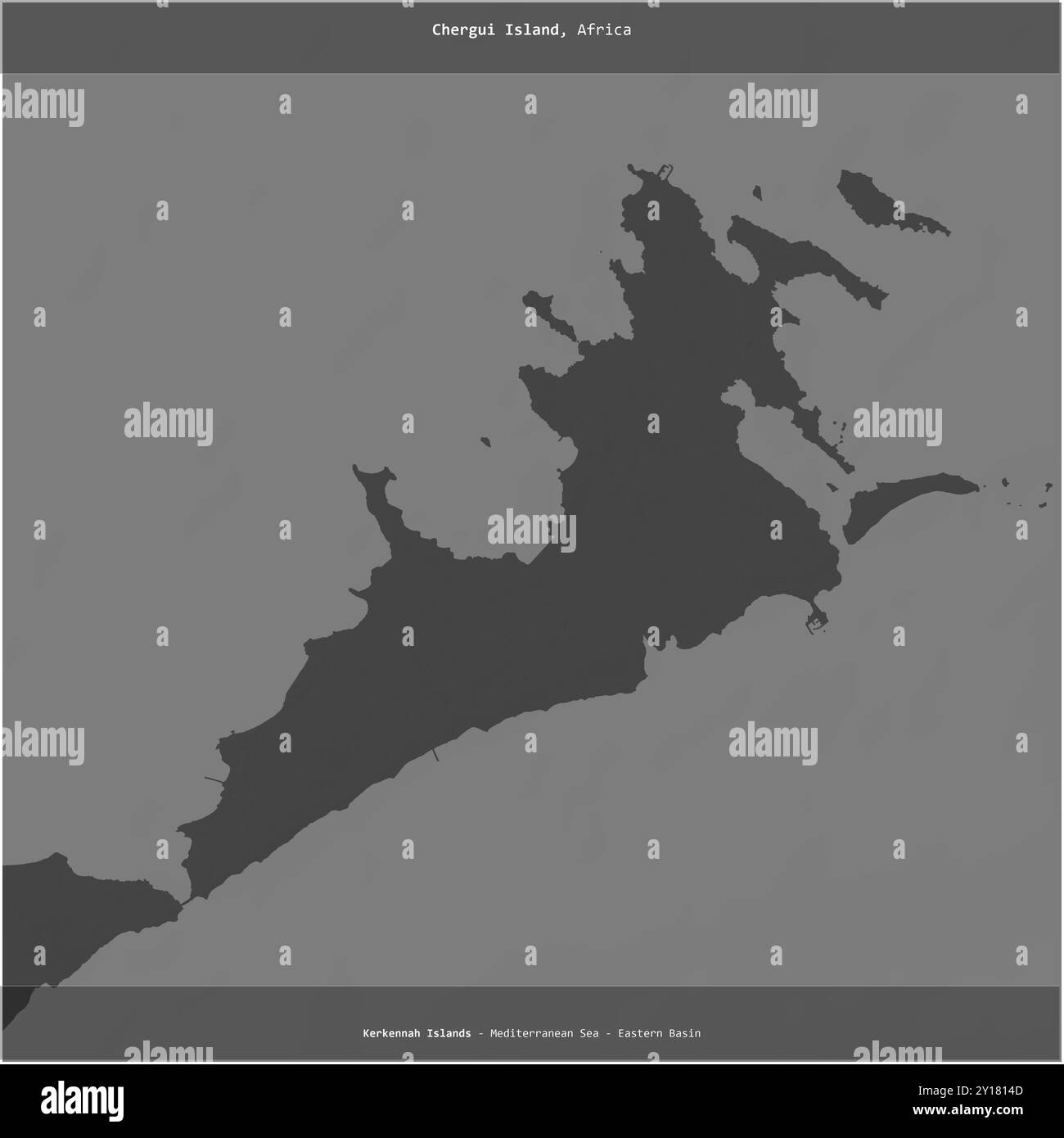 Chergui Island im Mittelmeer - Ostbecken, das zu Tunesien gehört, wurde auf einer zweistufigen Höhenkarte quadratisch geschnitten Stockfoto