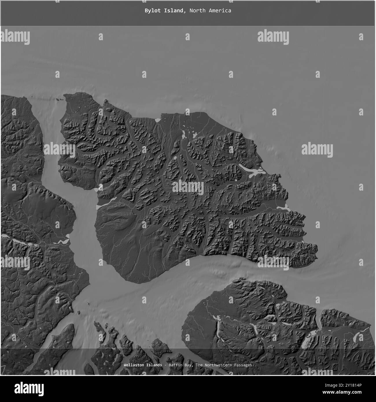 Bylot Island in der Baffin Bay, die zu Kanada gehört, wurde auf einer zweistufigen Höhenkarte quadratisch geschnitten Stockfoto