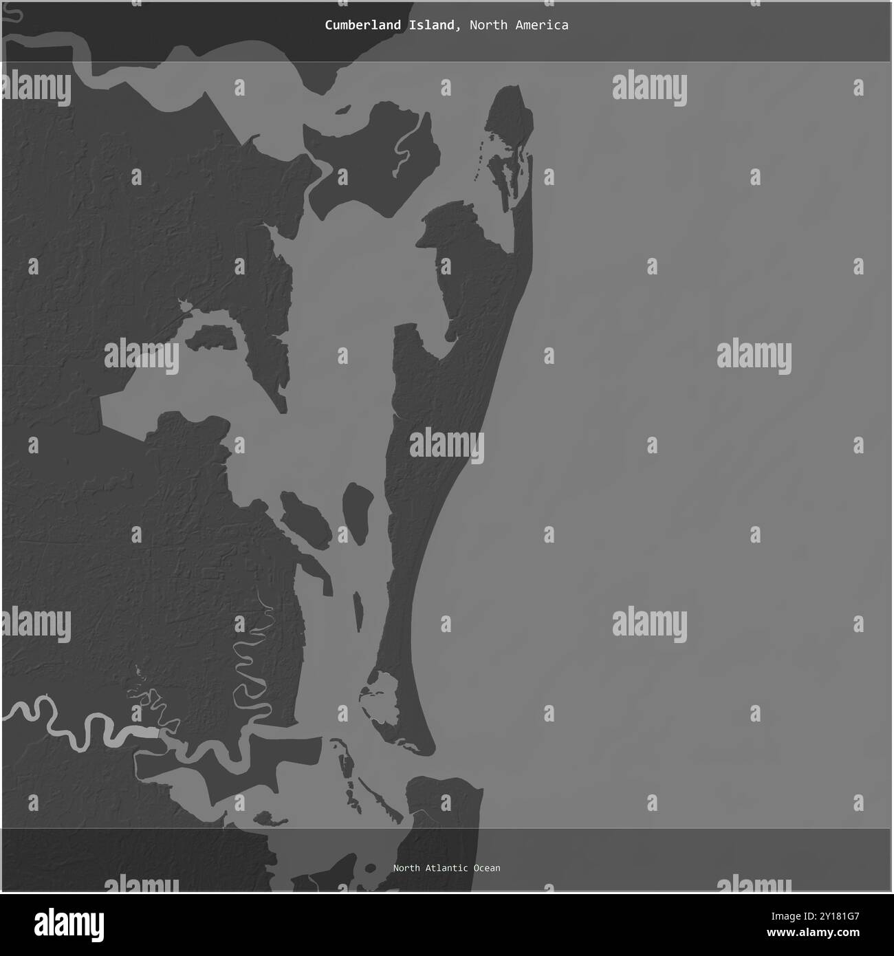 Cumberland Island im Nordatlantik, die zu den Vereinigten Staaten gehört, wurde auf einer zweistufigen Höhenkarte quadratisch geschnitten Stockfoto