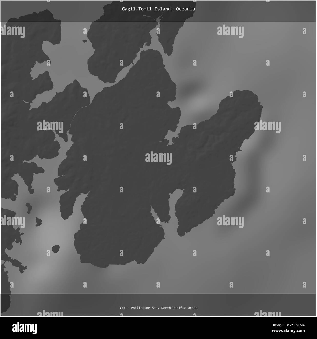 Die Insel Gagil-Tomil in der Philippinischen See, die zu Mikronesien gehört, wurde auf einer zweistufigen Höhenkarte quadratisch geschnitten Stockfoto
