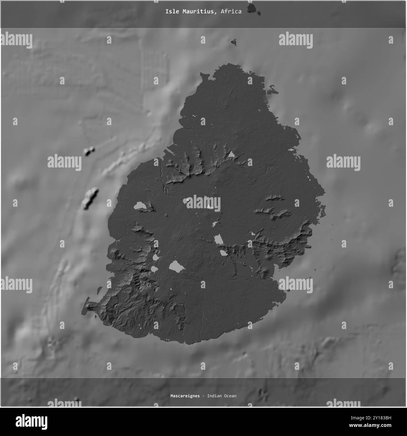 Die Insel Mauritius im Indischen Ozean, die zu Mauritius gehört, wurde auf einer zweistufigen Höhenkarte quadratisch dargestellt Stockfoto