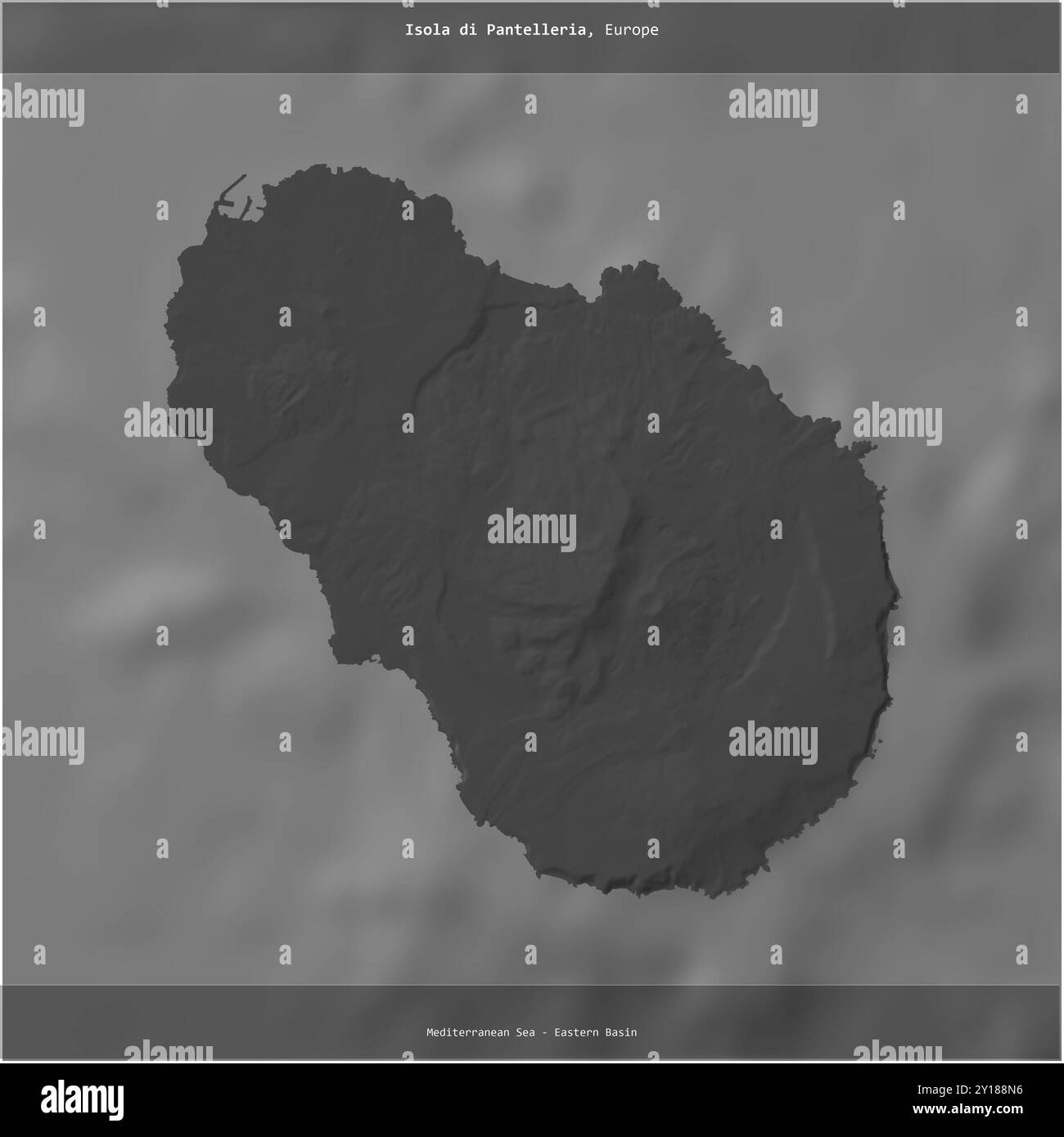 Isola di Pantelleria im Mittelmeer - östliches Becken, das zu Italien gehört, wurde auf einer zweistufigen Höhenkarte quadratisch gekürzt Stockfoto