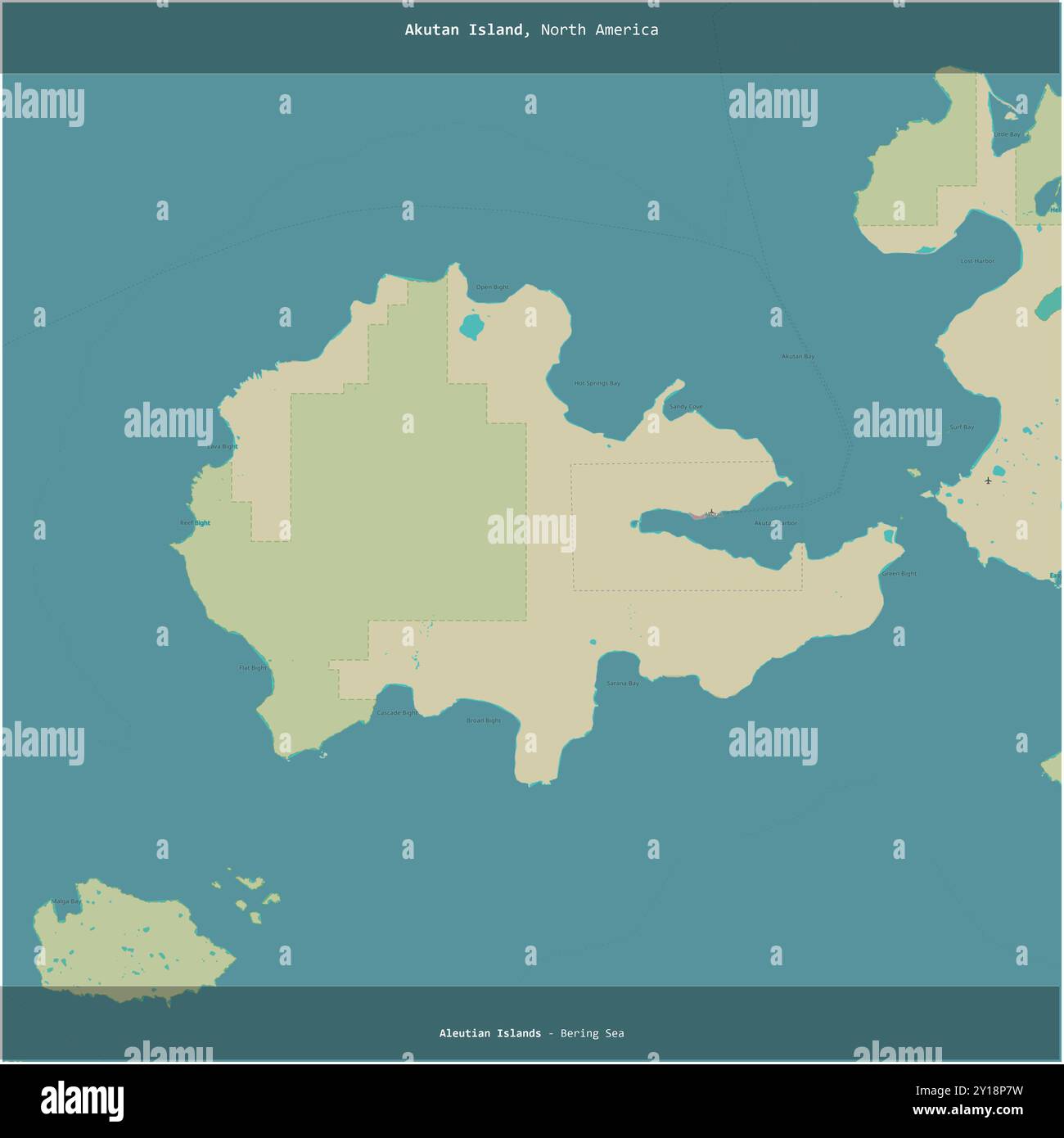 Akutan Island in der Beringsee, die zu den Vereinigten Staaten gehört, wurde auf einer topografischen Karte im humanitären OSM-Stil quadratisch zugeschnitten Stockfoto
