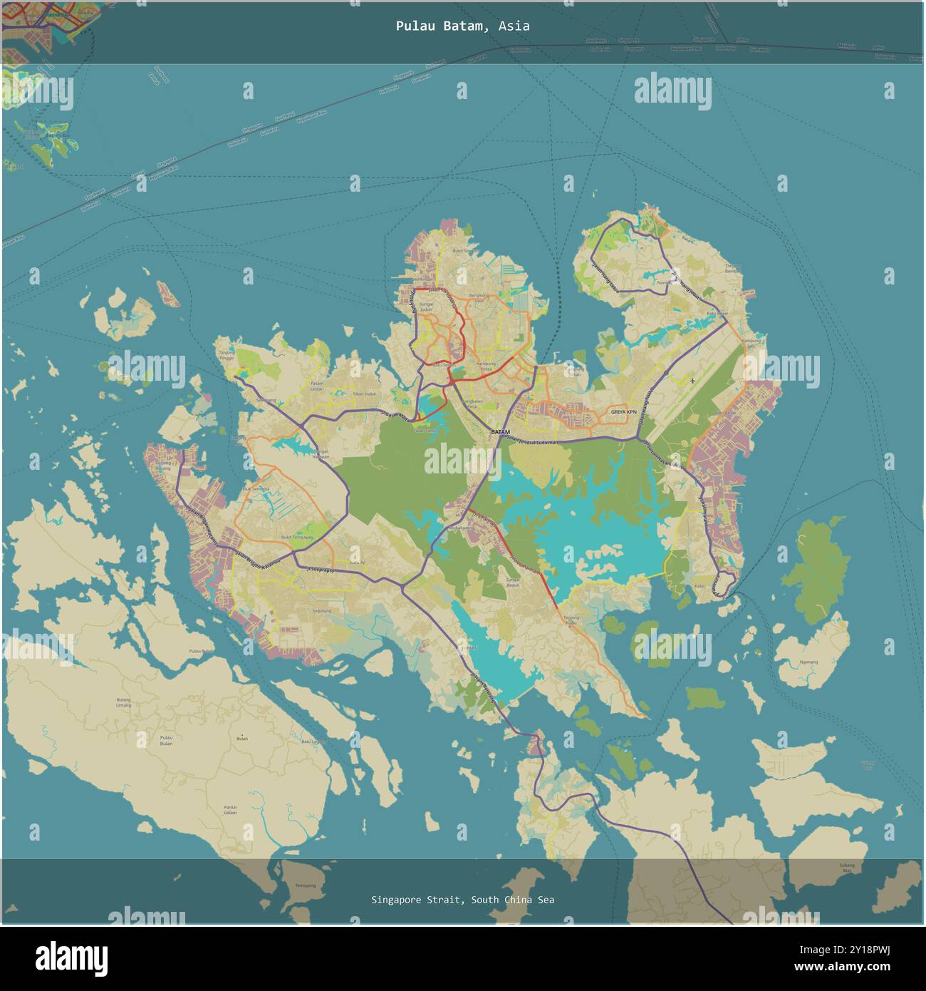 Pulau Batam im Südchinesischen Meer, das zu Indonesien gehört, wurde auf einer topografischen Karte im humanitären OSM-Stil quadratisch zugeschnitten Stockfoto