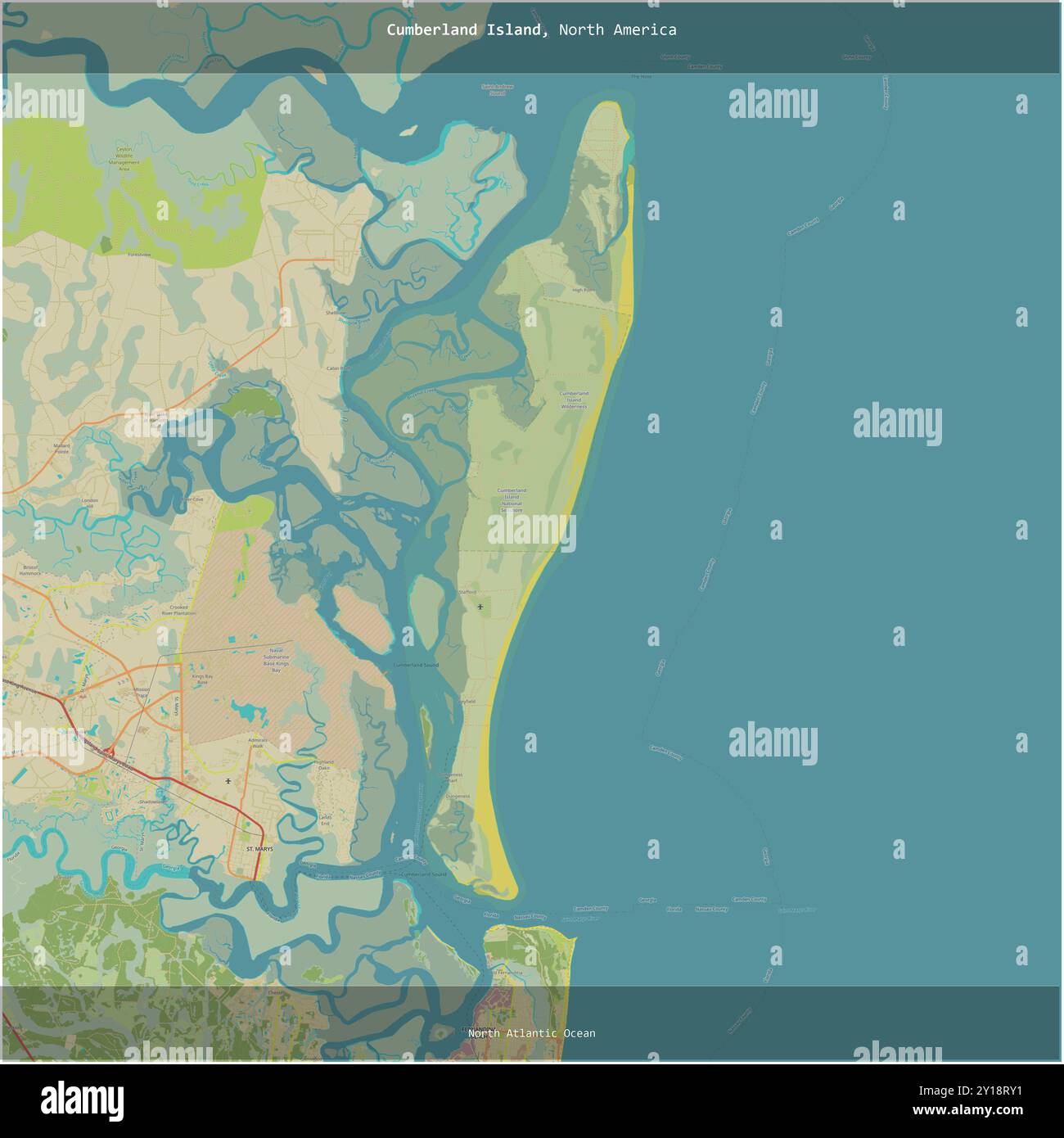 Cumberland Island im Nordatlantik, gehört zu den Vereinigten Staaten, wurde auf einer topografischen Karte im humanitären OSM-Stil quadratisch zugeschnitten Stockfoto