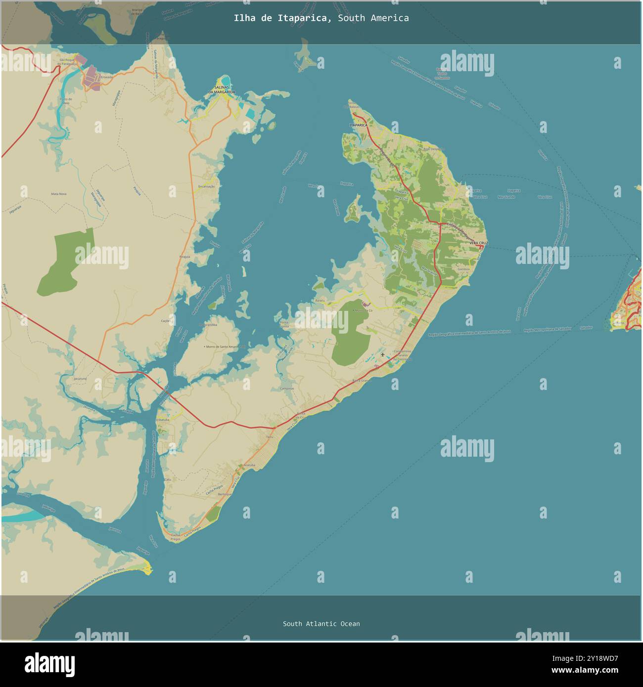 Ilha de Itaparica im Südatlantik, das zu Brasilien gehört, wurde auf einer topografischen Karte im humanitären OSM-Stil quadratisch zugeschnitten Stockfoto