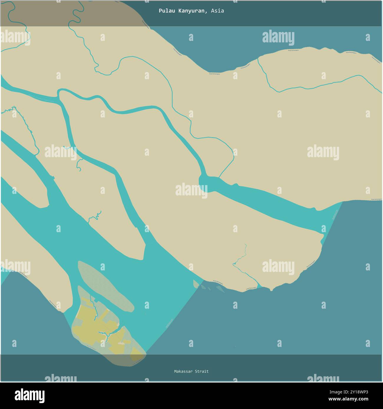 Pulau Kanyuran in der Makassar-Straße, die zu Indonesien gehört, wurde auf einer topografischen Karte im humanitären OSM-Stil quadratisch zugeschnitten Stockfoto