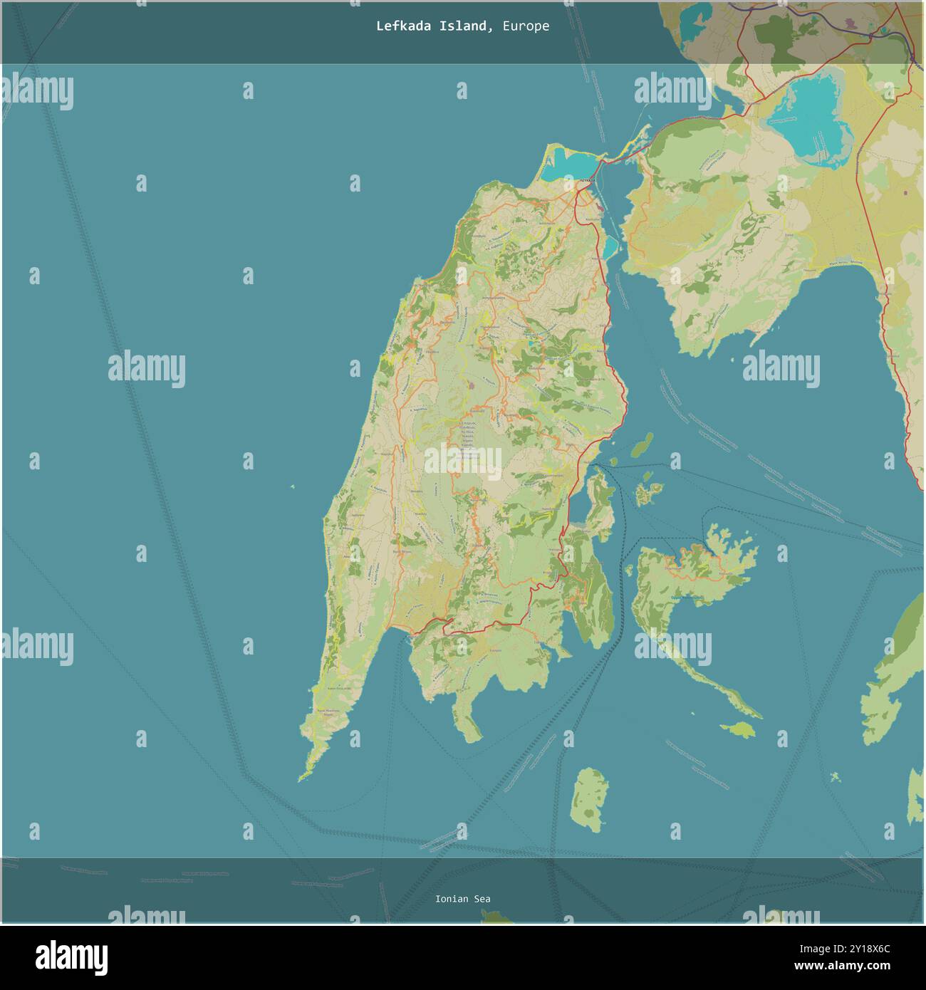 Die Insel Lefkada im Ionischen Meer, die zu Griechenland gehört, wurde auf einer topografischen Karte im humanitären OSM-Stil quadratisch zugeschnitten Stockfoto