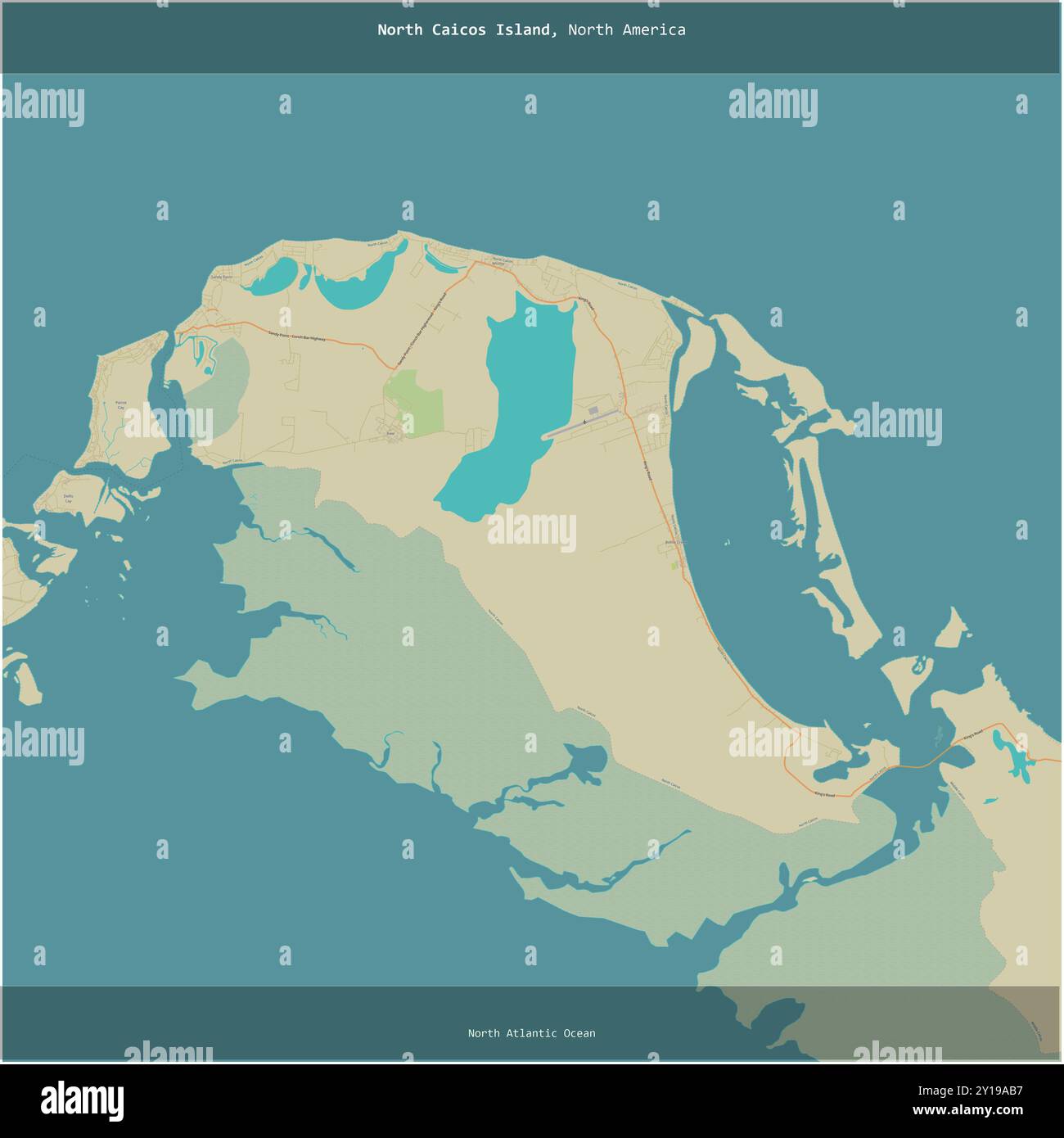 Die North Caicos Island im Nordatlantik, die zu den Turks- und Caicosinseln gehört, wurde auf einer topografischen Karte im humanitären OSM-Stil quadratisch geschnitten Stockfoto