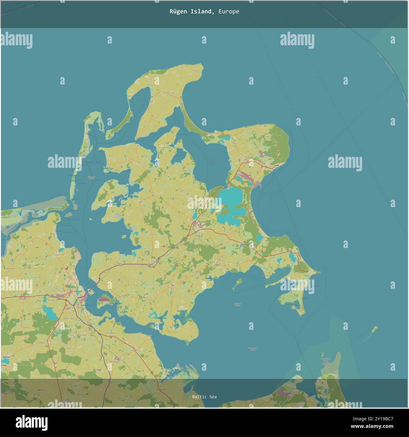 Die zu Deutschland gehörende Insel Rugen in der Ostsee wurde auf einer topografischen Karte im humanitären OSM-Stil quadratisch zugeschnitten Stockfoto