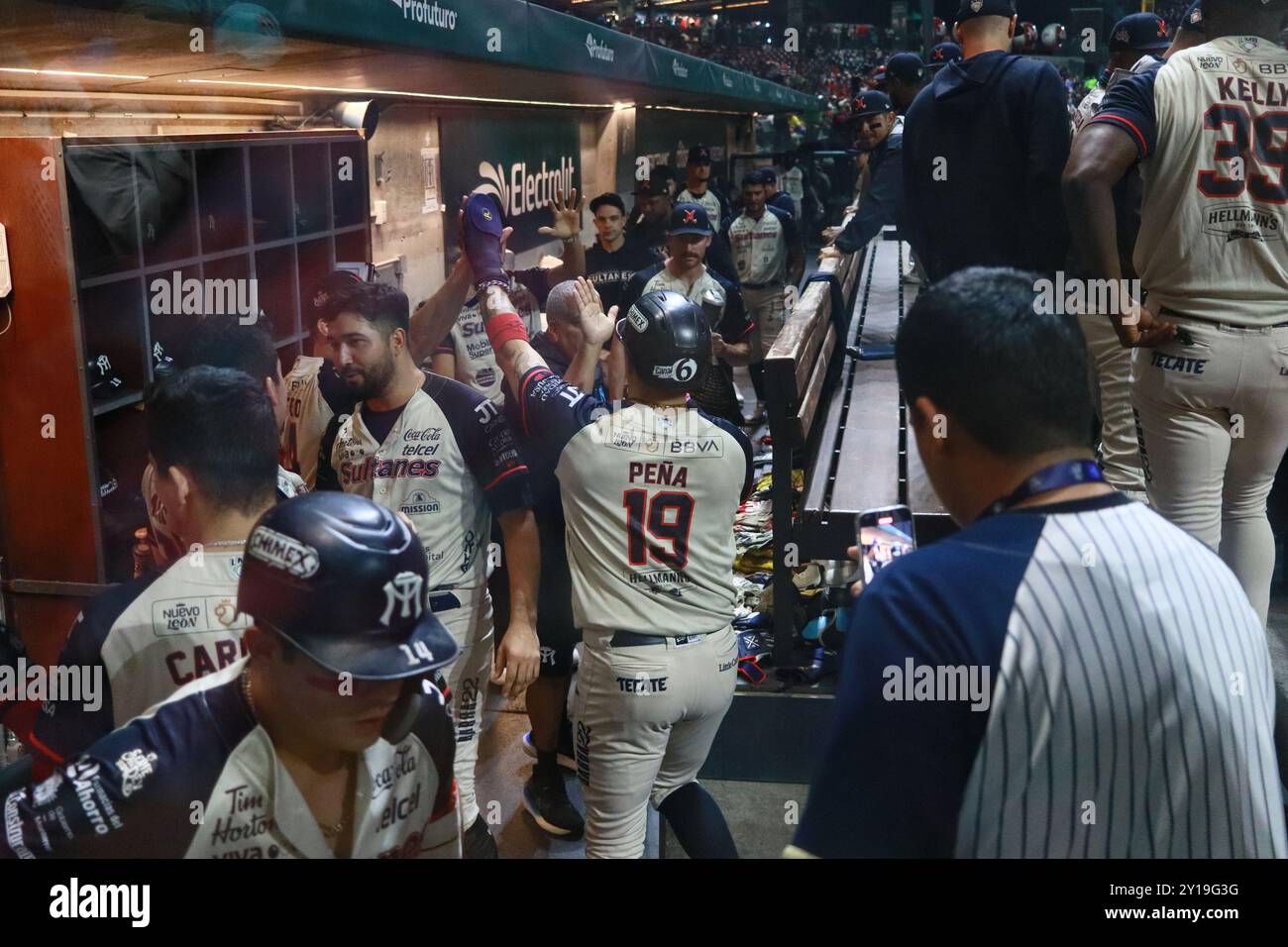 Mexiko-Stadt, Mexiko. September 2024. Ramiro Peña #19 von Sultanes de Monterrey feiert nach seinem Treffer im Dugout im 1. Spiel gegen Diablos Rojos von der Serie del Rey der mexikanischen Baseball League (LMB) im Alfredo Harp Helú Stadium. Diablos Rojos besiegt Sultanes mit 14:6. Diablos Rojos Elektrodenreihe 1-0. Am 4. September 2024 in Mexiko-Stadt. (Foto: Carlos Santiago/Eyepix Group/SIPA USA) Credit: SIPA USA/Alamy Live News Stockfoto