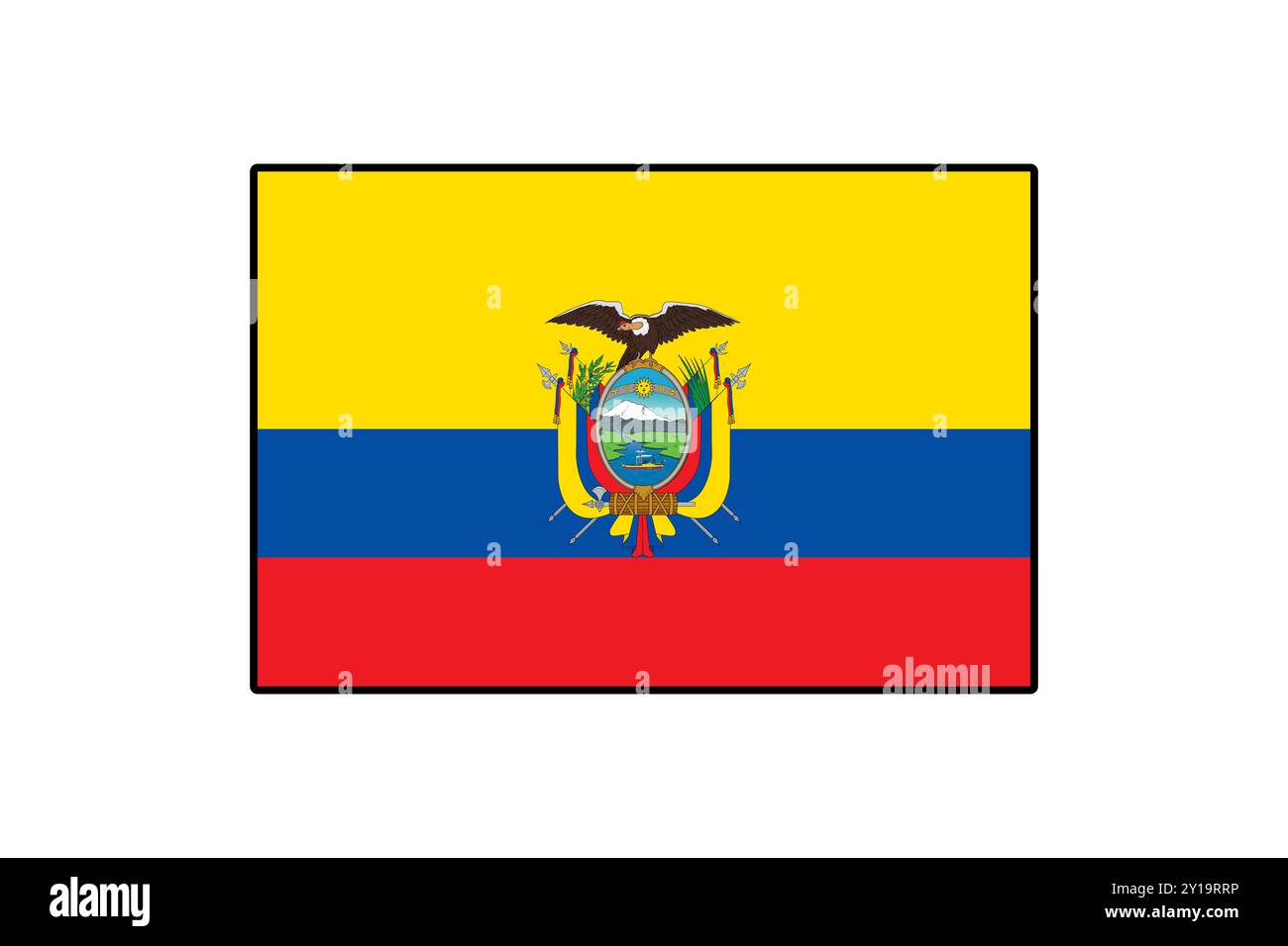 Die Flagge Ecuadors weist drei horizontale Streifen in Gelb, Blau und Rot auf, mit einem zentralen Emblem, das einen Schild darstellt. Dieses Design spiegelt die Geschichte und Identität des Landes wider. Stock Vektor