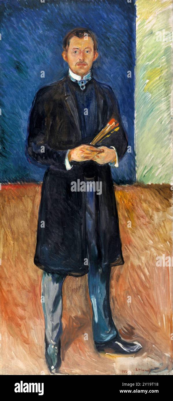 Selbstporträt mit Pinseln, 1904, Gemälde von Edvard Munch Stockfoto Selbstporträt mit Pinseln, 1904, Gemälde von Edvard Munch Stockfoto