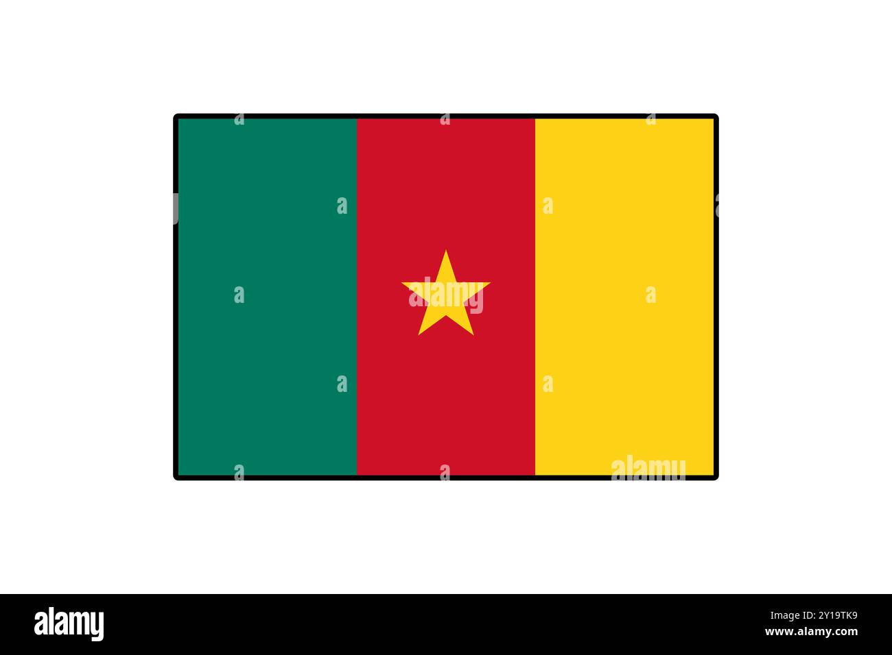 Die Grafik zeigt die Nationalflagge Kameruns mit ihren markanten vertikalen Streifen in Grün, Rot und Gelb und einem zentralen Stern, der Einheit und Unabhängigkeit symbolisiert. Stock Vektor