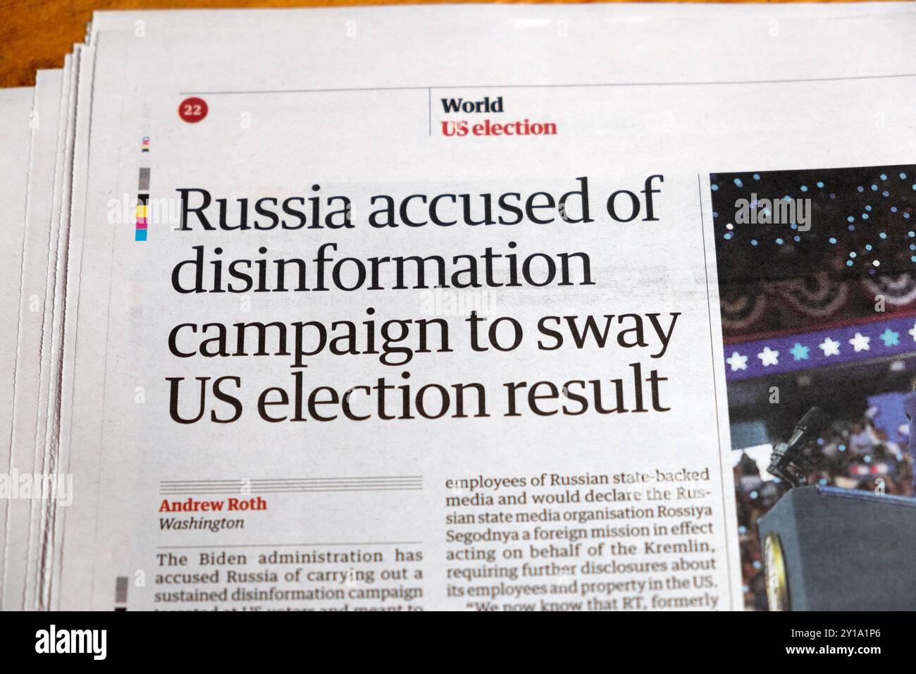 "Russland beschuldigt Desinformationskampagne, um das Wahlergebnis der USA zu beeinflussen" Guardian-Zeitung Schlagzeile RT Kreml Kampagne artikel 5 September 2024 Großbritannien Stockfoto