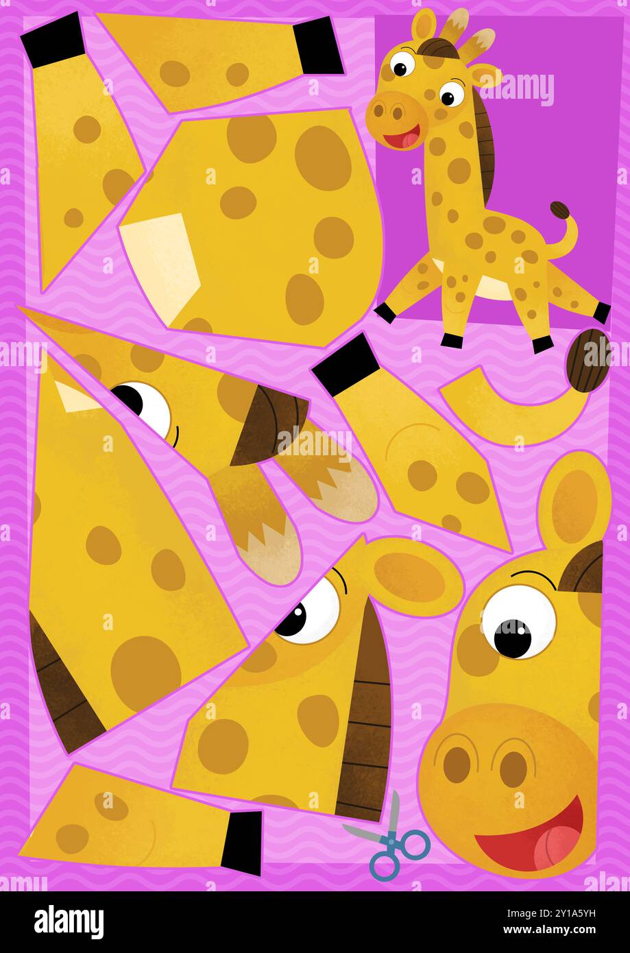 Zeichentrickszene mit Charakter Puzzle Ausschnitt pädagogische Übung Handarbeit mit Schere Tier Giraffe Illustration für Kinder Stockfoto