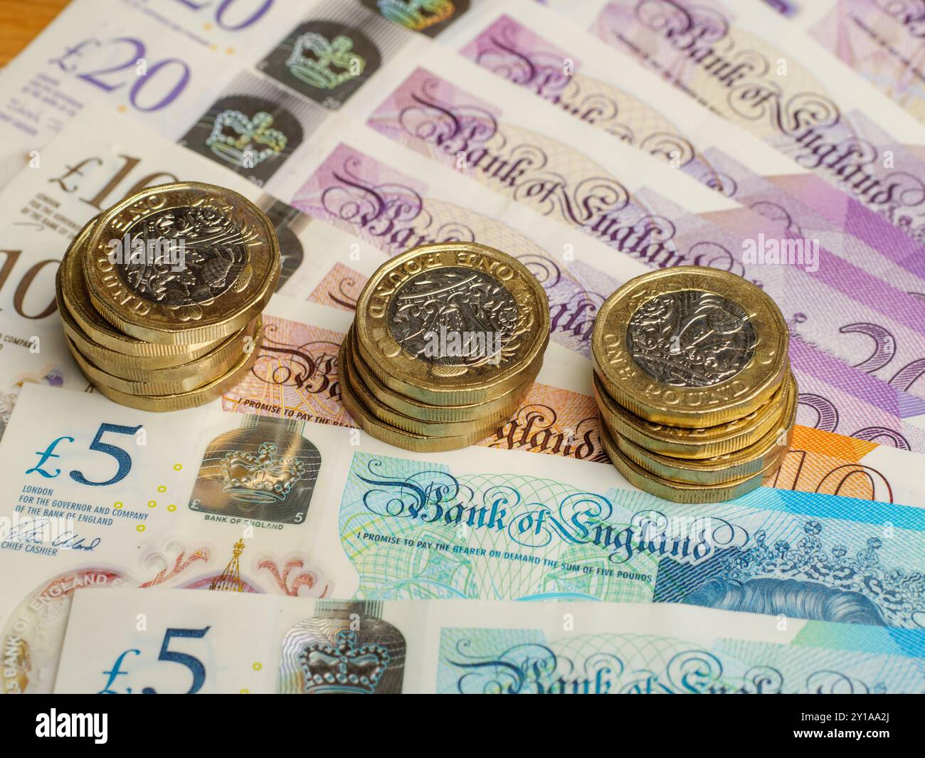 Nahaufnahme von britischen Pfund-Münzen, die auf Pfund-Banknoten liegen, Bargeld, Großbritannien Stockfoto