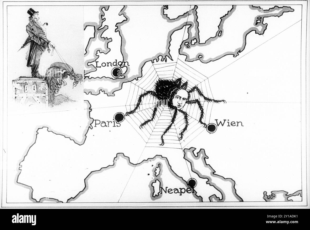 Ein Propagandaplakat aus der Zeit um 1936, auf dem die jüdische Spinnenkatze Europa in seinem Netz fängt. Stockfoto