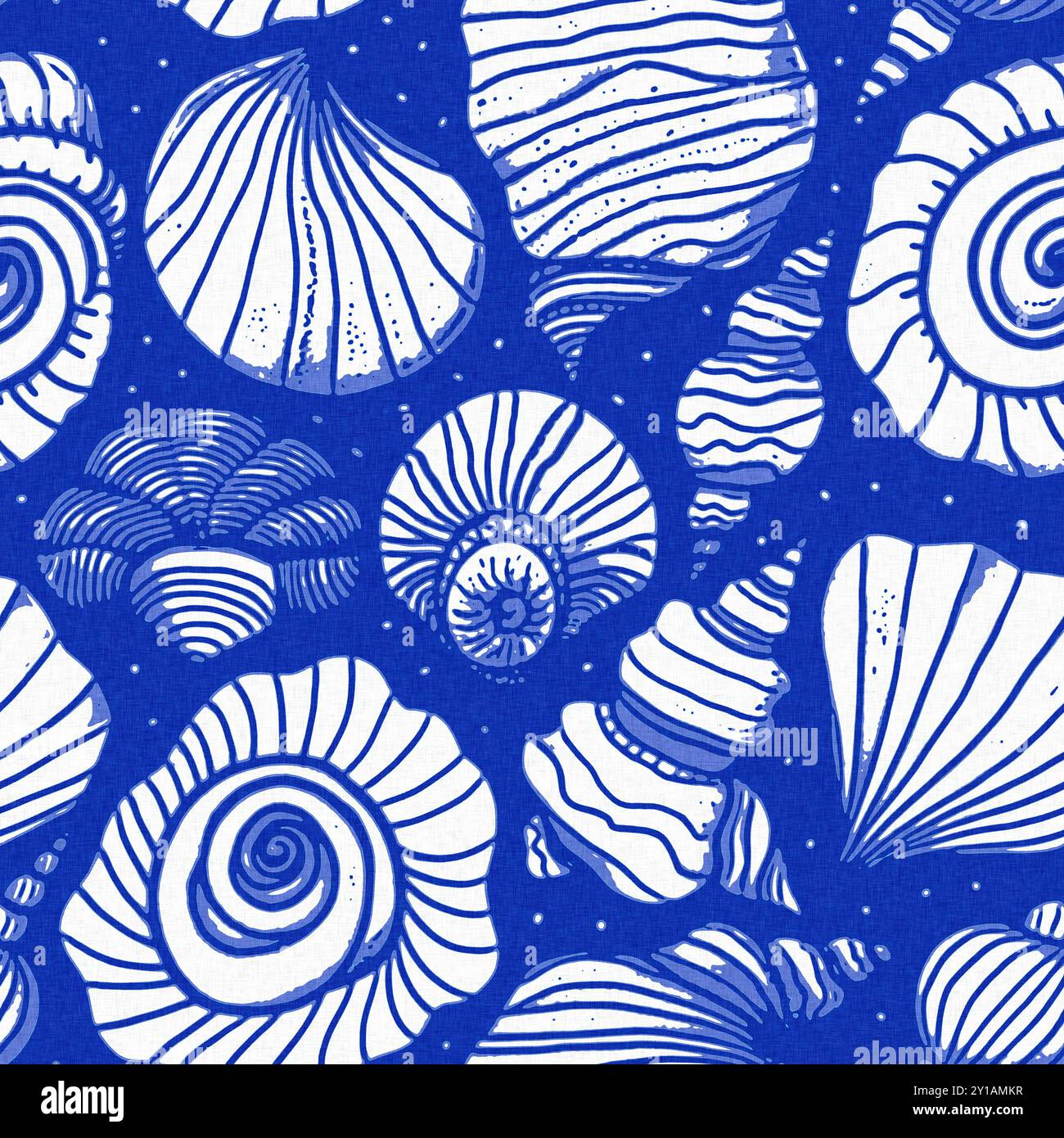 Modernes Cottage am Strand im rustikalen Muschelblock-Muster im Stil des Sealife Beach. Azurblaues weißes Muschelmotiv mit Leinennägeln Stockfoto