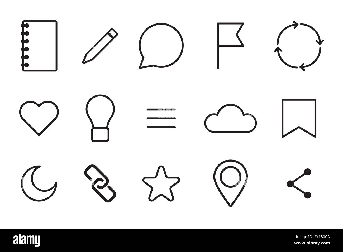 Konturvektorsymbole. Grundlegende minimale Symbole. Einfache schwarze Formen. Web- und UI-Elemente. Stock Vektor