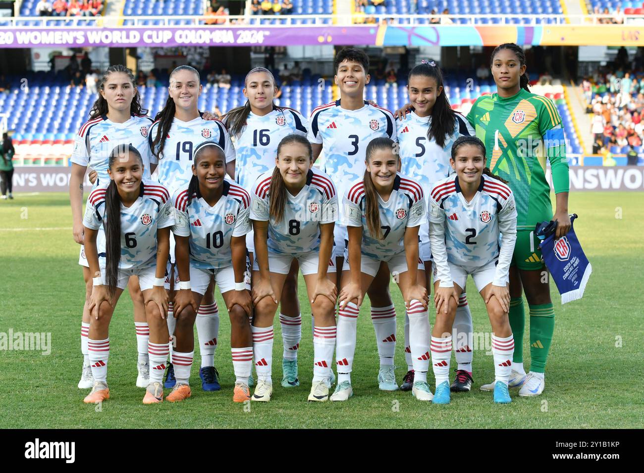 Cali, Kolumbien. September 2024. Pascual Guerrero Olympiastadion Ashley Elizondo, Sianyf Aguero, Monserrat Diaz, Josselyn Briceno, Noemy Benavides, Genesis Perez, Ashly Gonzalez, Sheika Scott, Priscilla Rodriguez Monge, Alexa Herrera, Marian Solano aus Costa Rica, posiert für ein offizielles Foto Momente vor dem Spiel zwischen Nordkorea und Costa Rica, für die 2. Runde der Gruppe F der FIFA U-20-Frauen-Weltmeisterschaft Kolumbien 2024 im Olympiastadion Pascual Guerrero am Donnerstag 05. 30761 (Alejandra Arango/SPP) Credit: SPP Sport Press Photo. /Alamy Live News Stockfoto