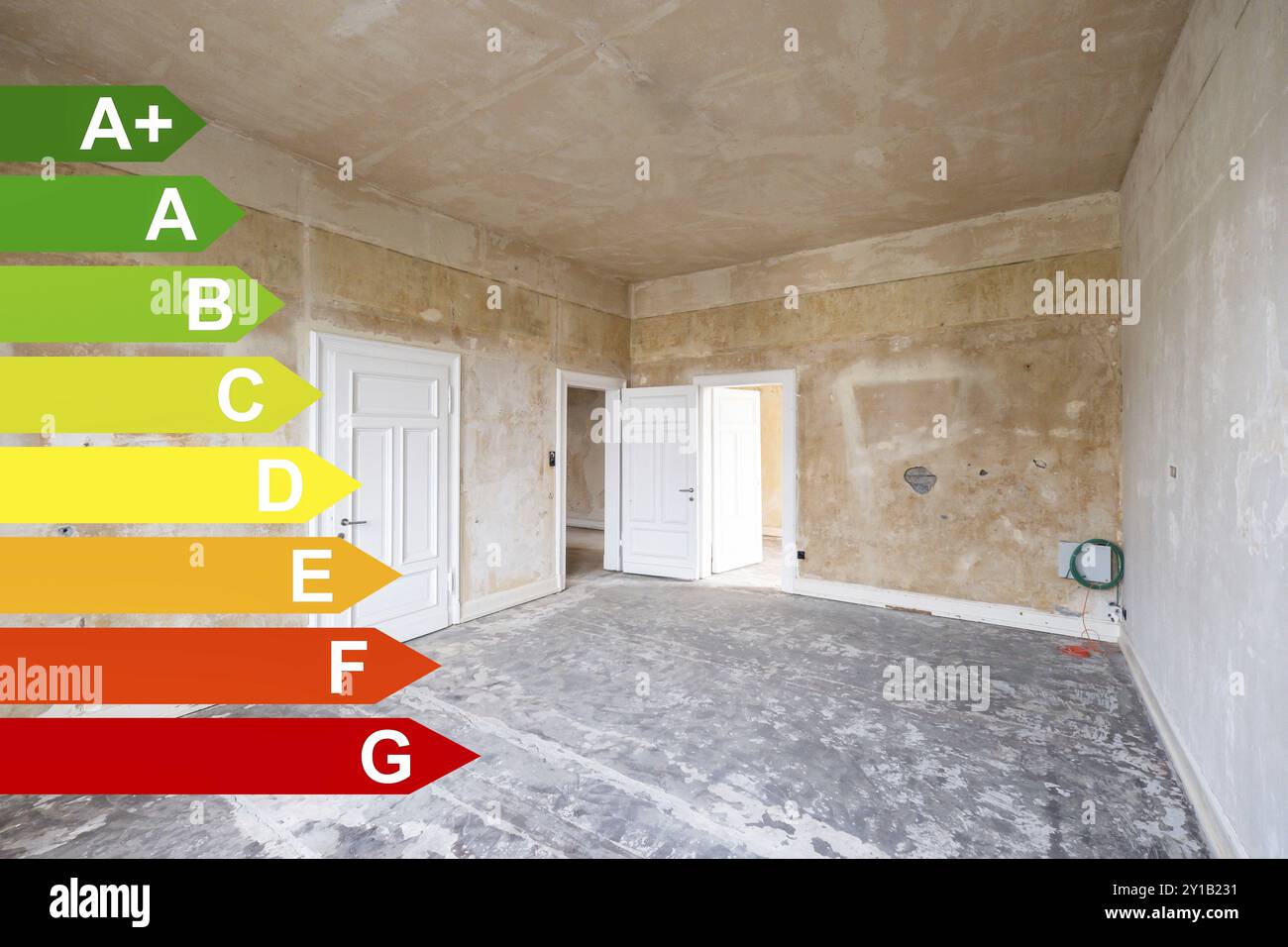 Energieeffizienzklassen, Kernsanierung einer alten Villa in Remscheid, Deutschland, Europa Stockfoto