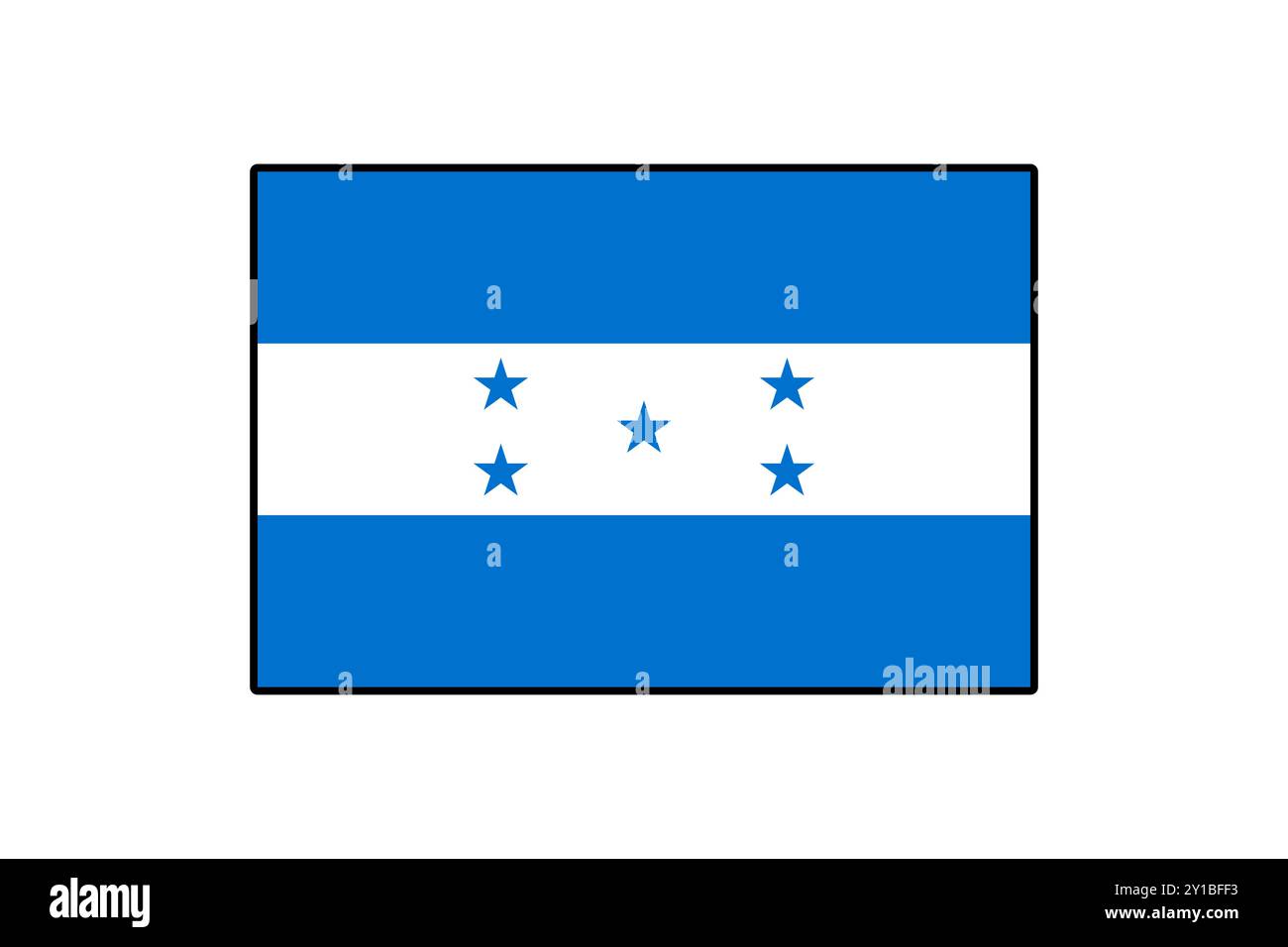 Die Vektorflagge von Honduras ist mit blauen und weißen horizontalen Streifen mit fünf Sternen versehen, die die Einheit Zentralamerikas symbolisieren. Es repräsentiert die Identität und den Stolz der Nation. Stock Vektor